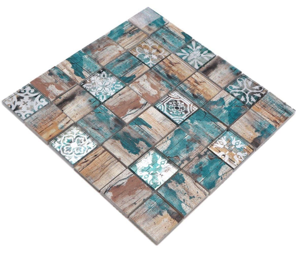 Mosani Mosaikfliesen Glasmosaik Mosaikfliese Medio Patchwork beige Holzoptik Ornament