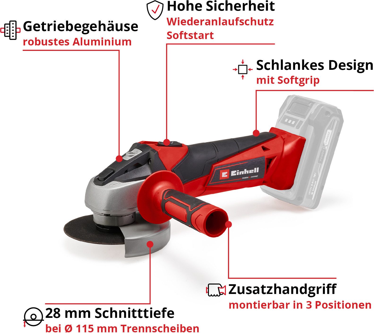 Einhell Akku-Winkelschleifer TC-AG 18/115 Li-Solo, max. 8500 U/min, Power X-Change, 115 mm, ohne Akku und Ladegerät