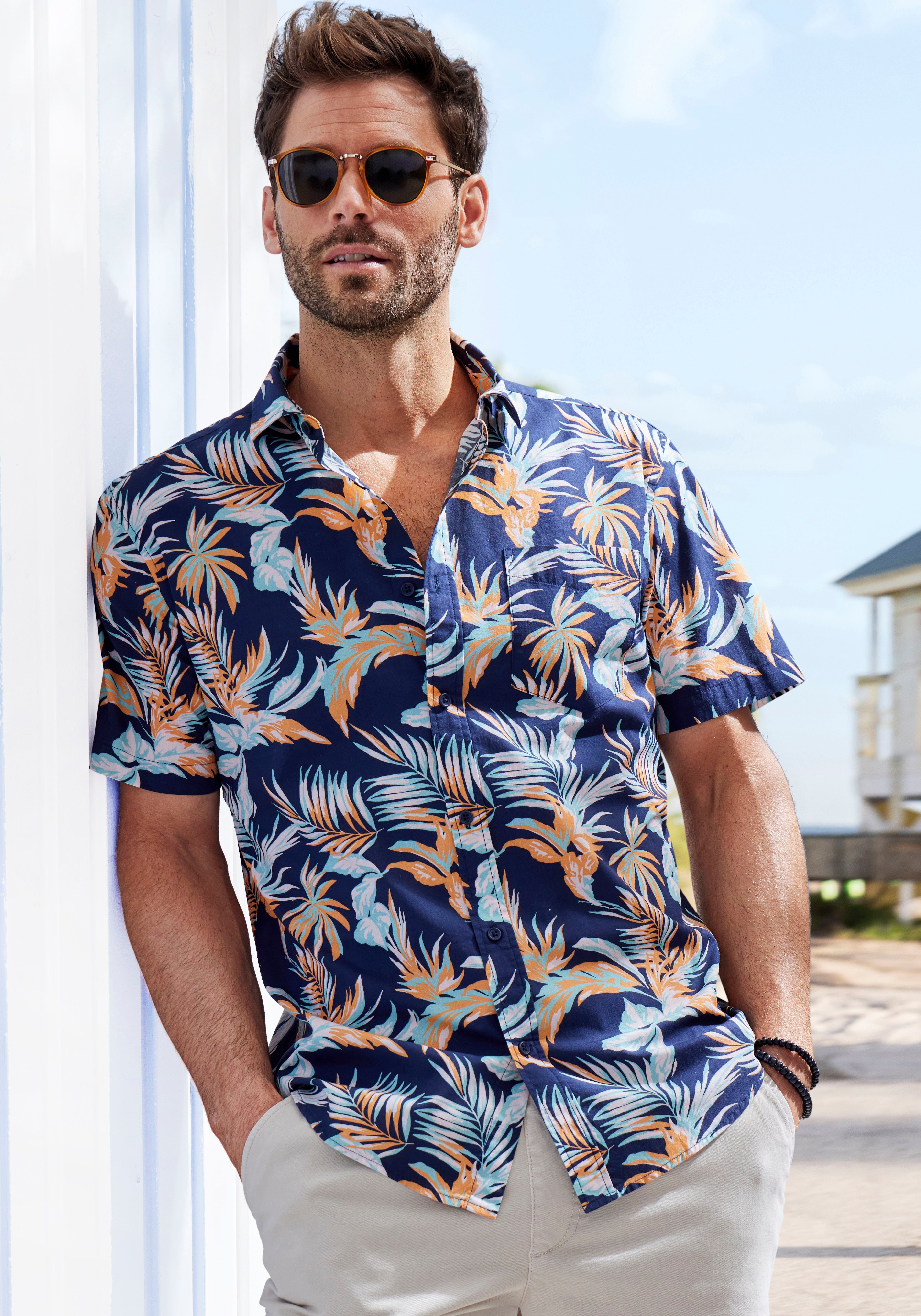 John Devin Hawaiihemd Kurzarm, Freizeithemd mit Palmendruck aus reiner Baumwolle