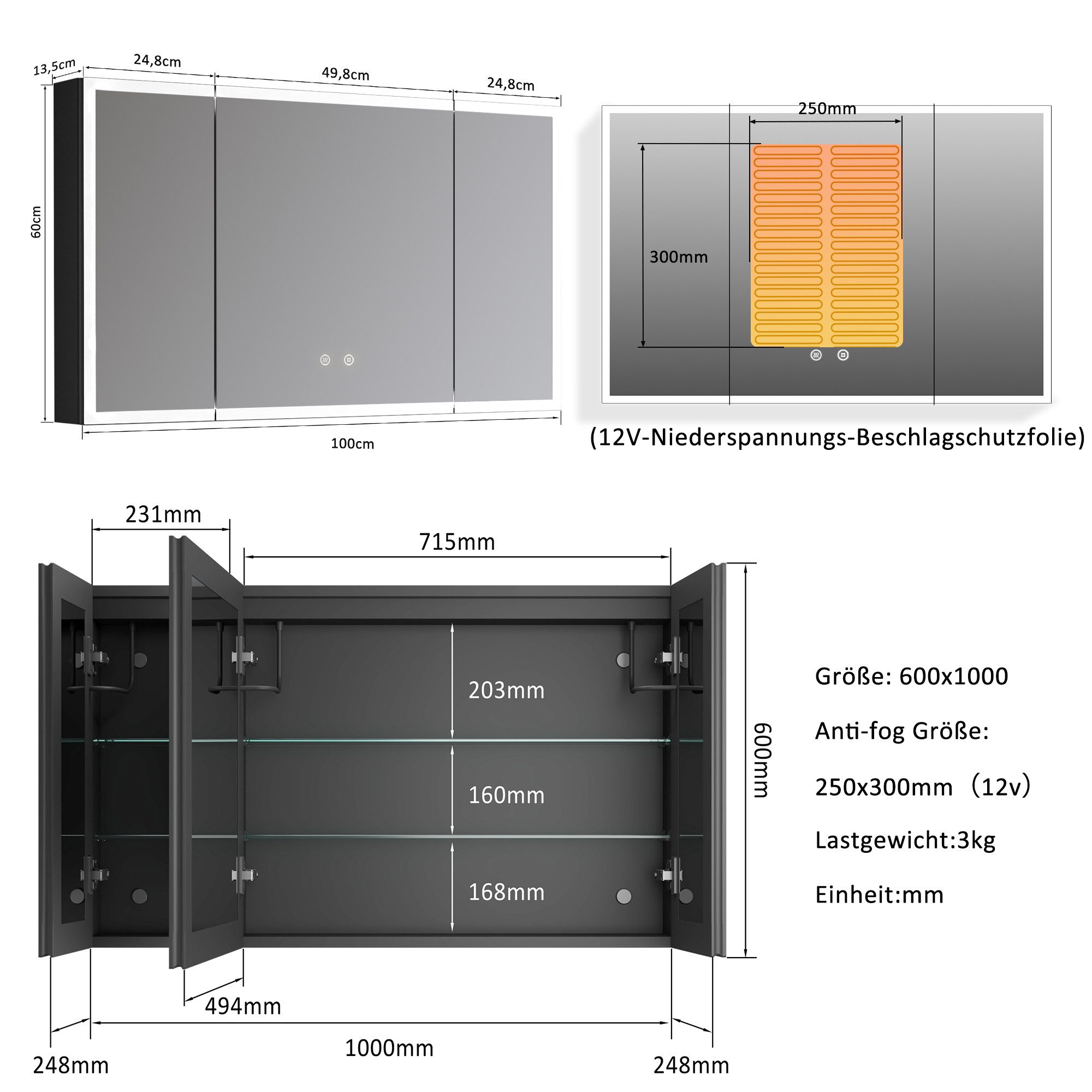 WDWRITTI Badezimmerspiegelschrank mit LED Spiegelschrank Bad mit Beleuchtung 100cm x 60cm 90x60cm 3türig (Alu-Schranktür, Stahl Schrank-Korpus, Doppel Spiegel, Kalt/Neutral/Warmweiß, Dimmbar, Anti-Fog, Speicherfunktion) vormontiert geliefert, Wandmontage, Eingebautemontage, mit Netzadapter