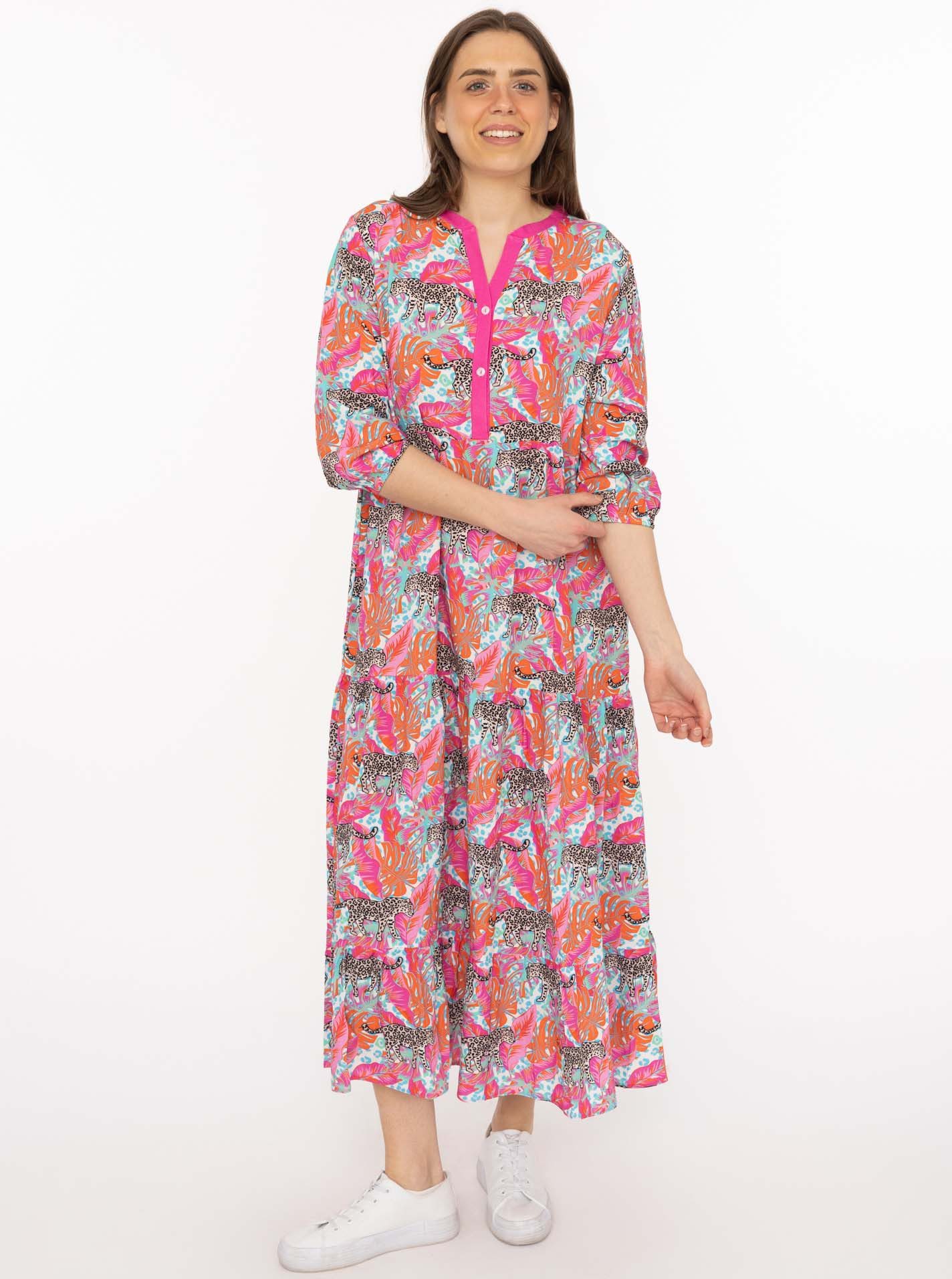 Zwillingsherz Maxikleid "Wild Jungle" Mustermix mit Leopard, Knopfleiste und 3/4 Arm