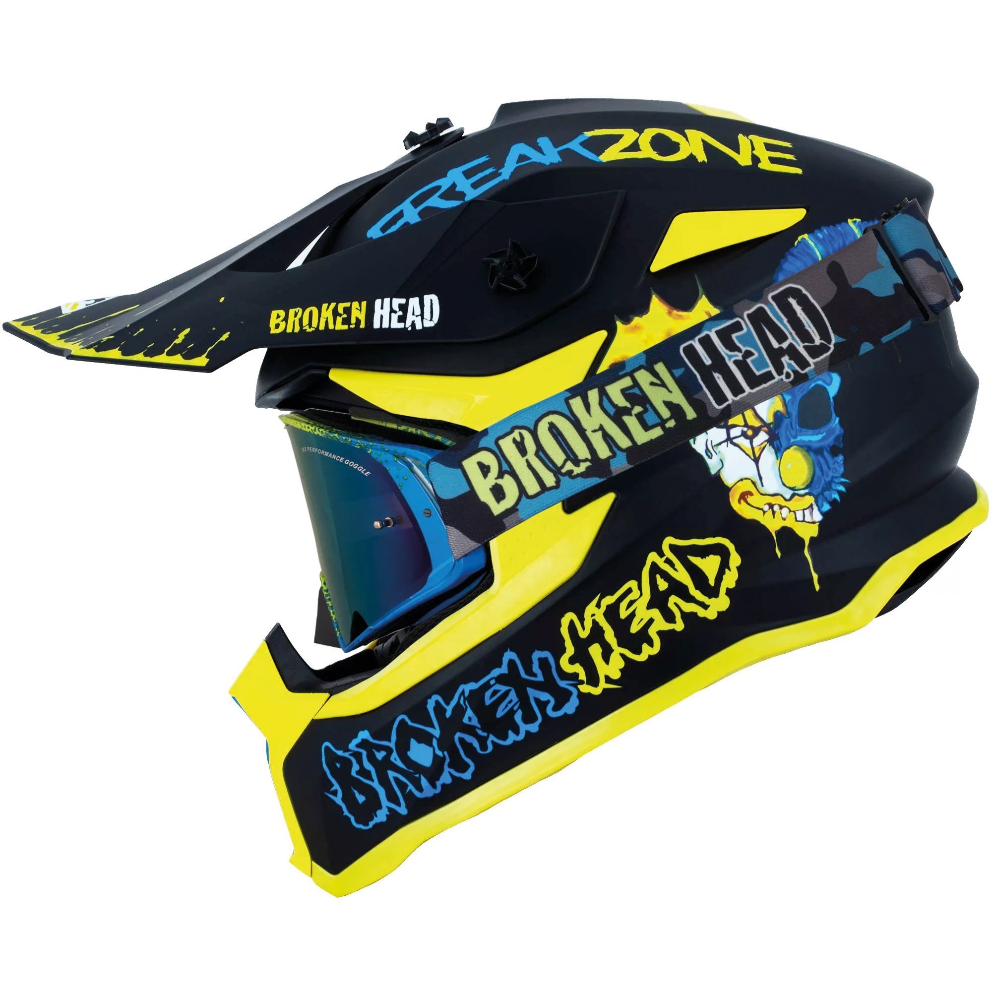 Broken Head Motocrosshelm FreakZone Schwarz-Gelb-Blau (Mit MX-Regulator Blau), Auffälliges Design