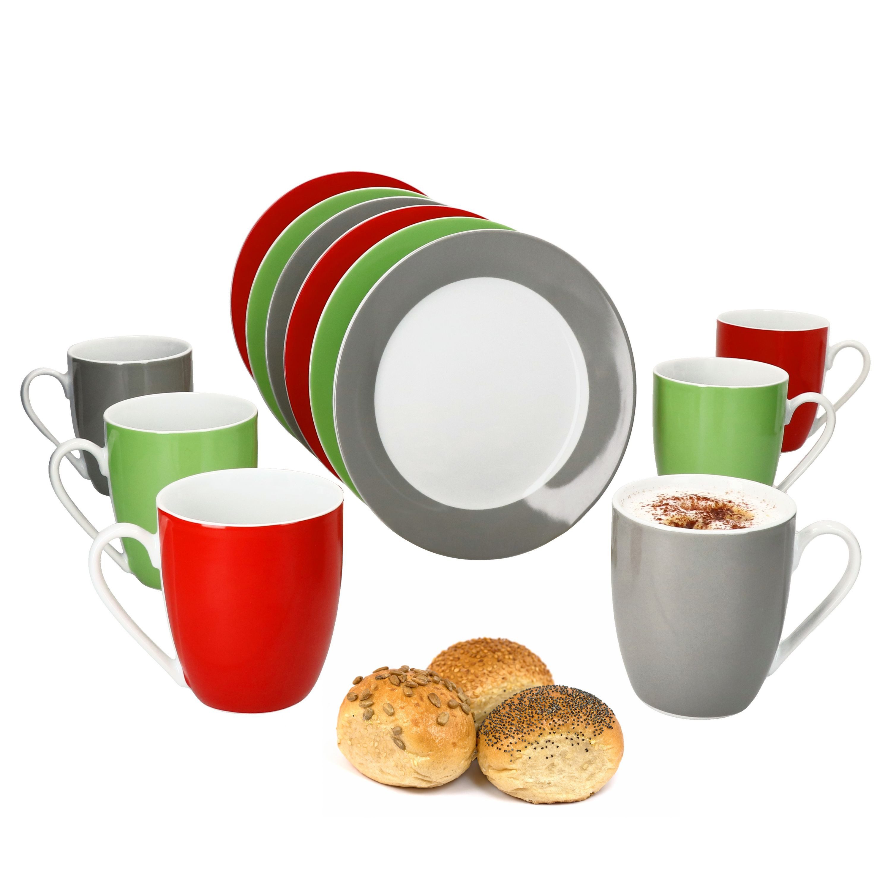 MamboCat Frühstücks-Geschirrset 12tlg Frühstücksset Variant Trio Porzellan 6 Personen, Porzellan