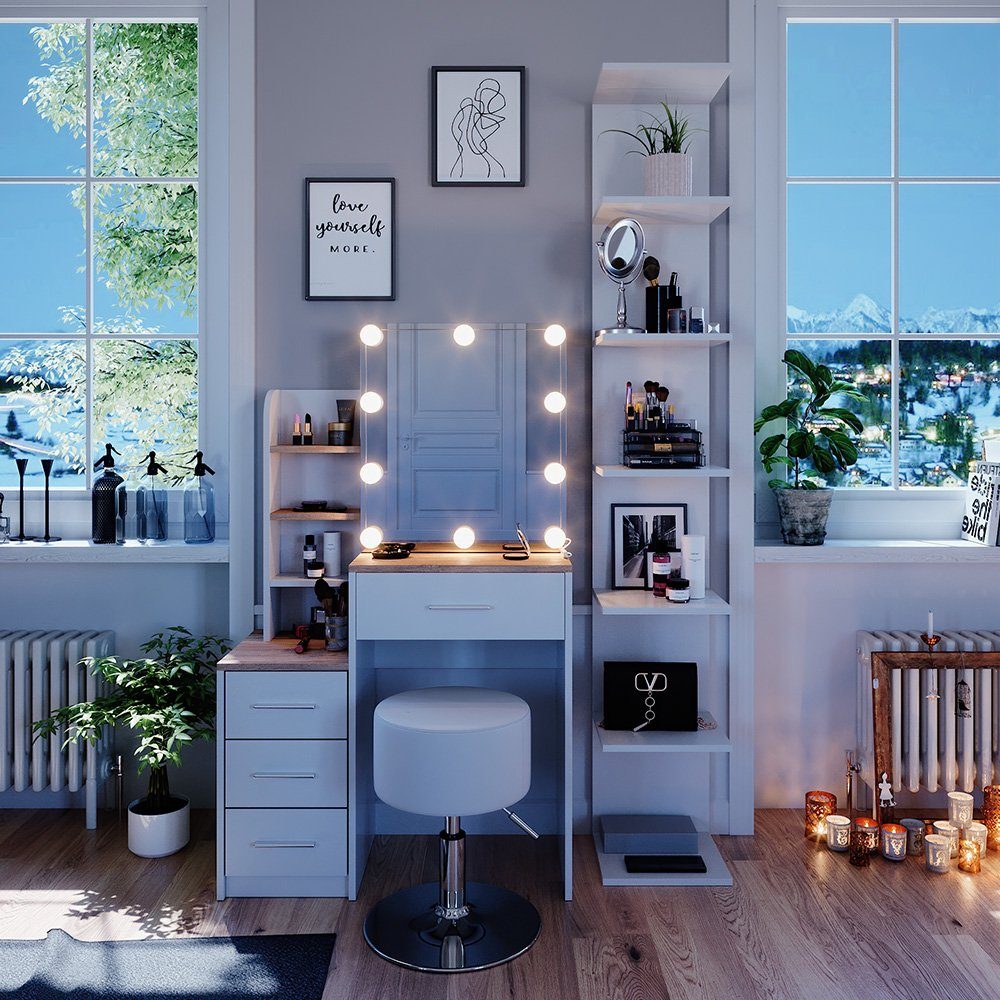 Vicco Schminktisch Conrada, Weiß/Sonoma, 80 cm mit LED Beleuchtung und Hock günstig online kaufen