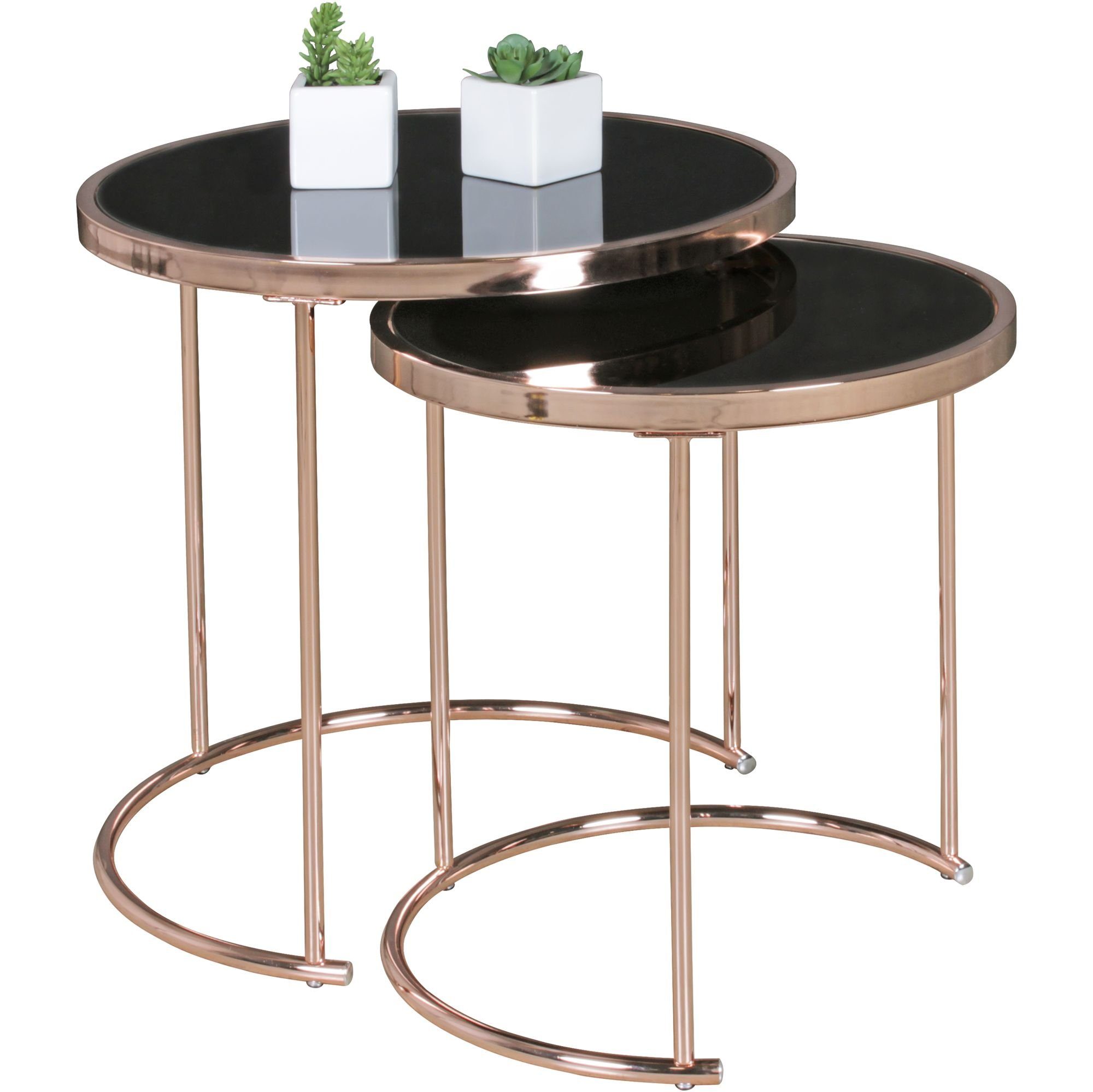 möbelando Satztisch / ø Satztisch modern, 2er cm Glas / 42 Wohnzimmertisch Couchtisch 45 2er 42 Glastisch Design rund 45 Schwarz cm cm Set Metall ø Beistelltisch Design / Set Satztisch verspiegelt cm Metall, Kupfer