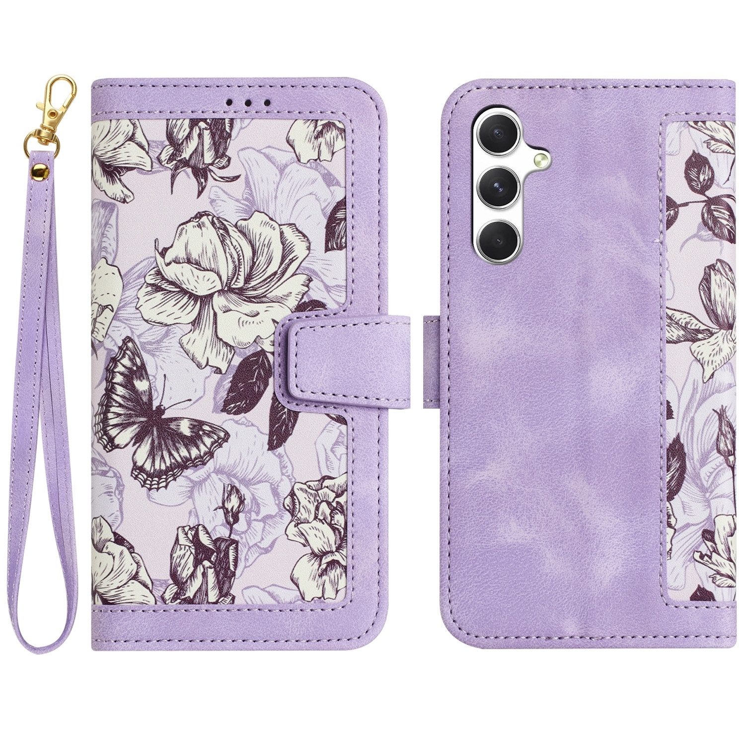 Wigento Smartphone-Hülle Für Samsung Galaxy A56 / A36 Kunstleder Wallet Blumen Tasche Case Lila, Blumenmuster, Kartenfächer, Lanyard