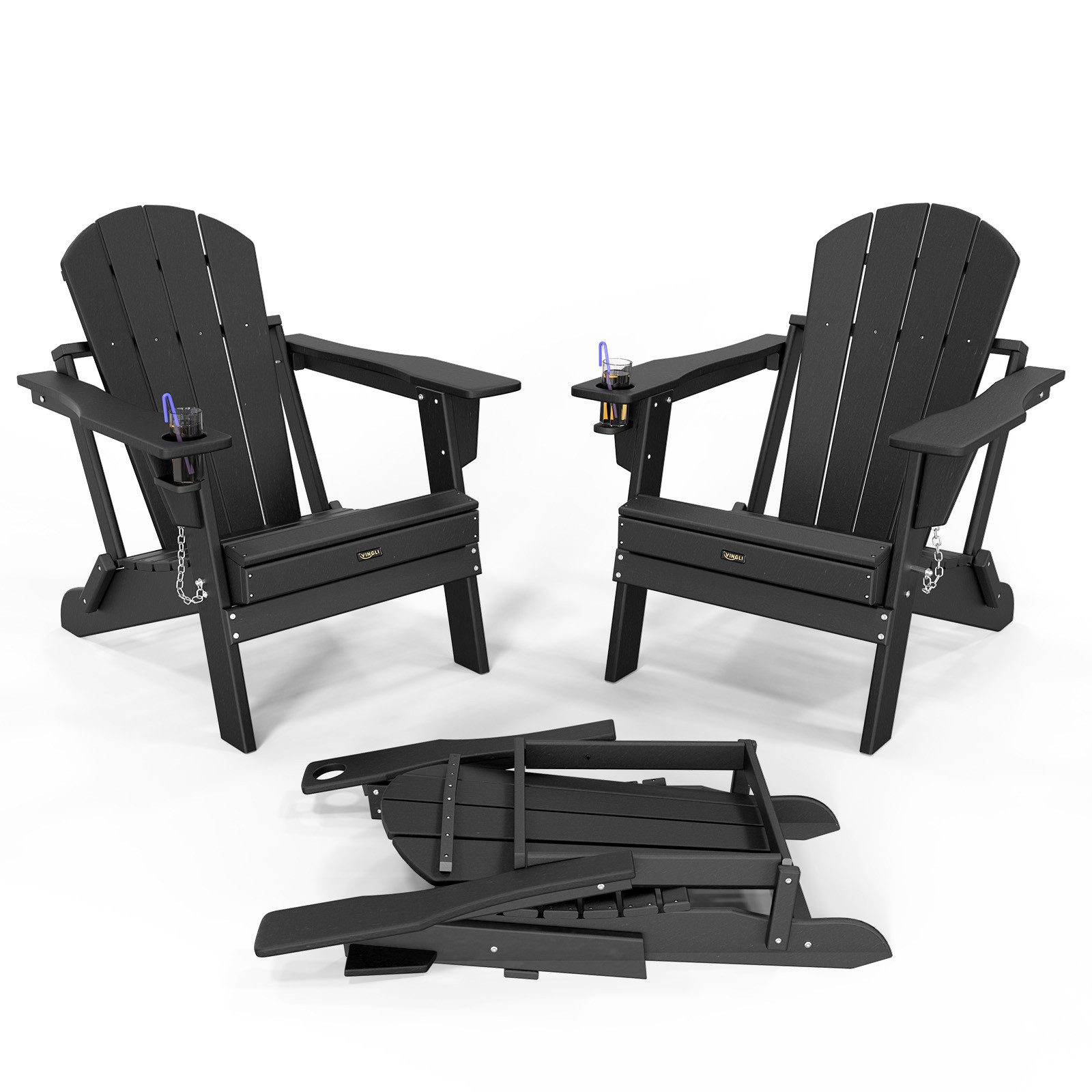 VINGLI Gartenstuhl Adirondack Stuhl Stapelbar/Klappbar aus HDPE mit Getränkehalter (2 St), bis 172 kg, Wetterfest für Garten, Terrasse, Pool & Camping, Schwarz