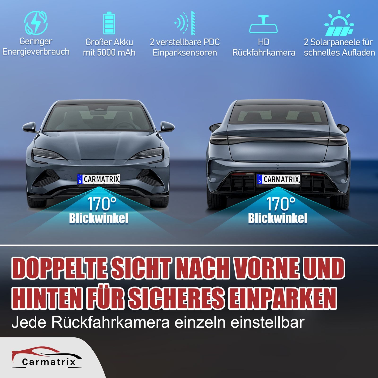CARMATRIX Premium Solar 2 DUO Rückfahrkamera (Auto Funk Video Solar Rückfahrsystem Nummernschild Kennzeichenhalter, PDC Einparkhilfe, HD Rückfahrkamera zum Nachrüsten, Vorne und Hinten)