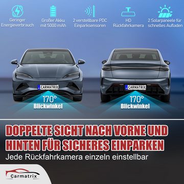 CARMATRIX Solar 3 Rückfahrkamera (Auto Funk Video Solar Rückfahrsystem Nummernschild Kennzeichenhalter, PDC Einparkhilfe, HD Rückfahrkamera zum Nachrüsten, Vorne und Hinten)