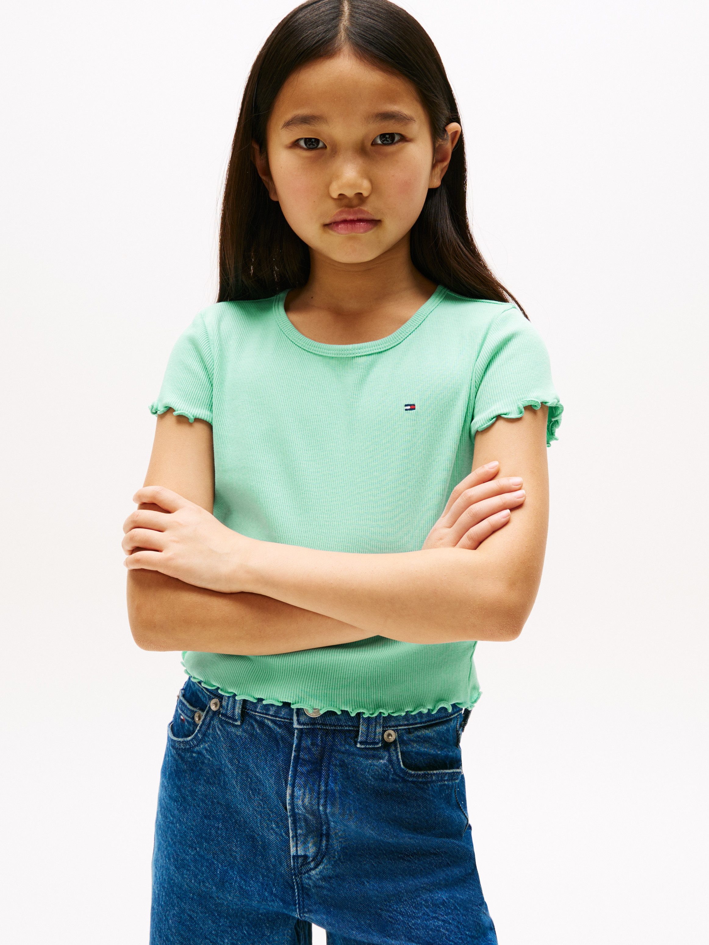 Tommy Hilfiger T-Shirt ESSENTIAL RIB TOP mit Babylock-Kanten und Stickerei unifarben, casual, regular fit, Baumwollmix, Rundhals