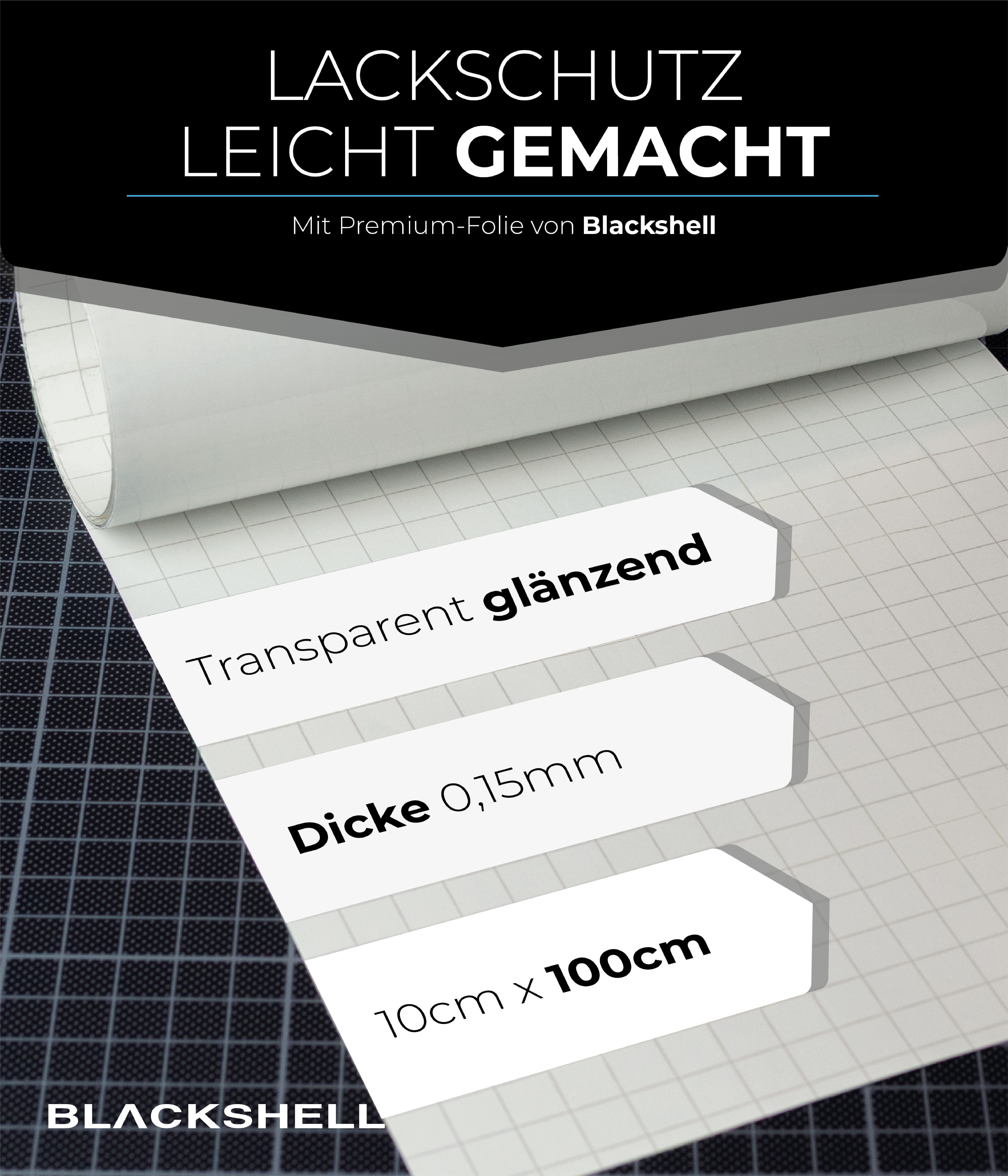 Blackshell Schutzfolie Transparente und Matt Schwarze Lackschutzfolien Zuschnitte, Lackschutzfolie für alle glatten Oberflächen, 150µm, Steinschlagschutz