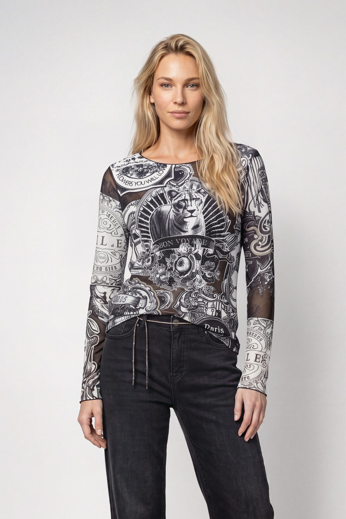 Monari Langarmshirt Shirt Emblem allover Regular fit mit Rundhalsausschnitt