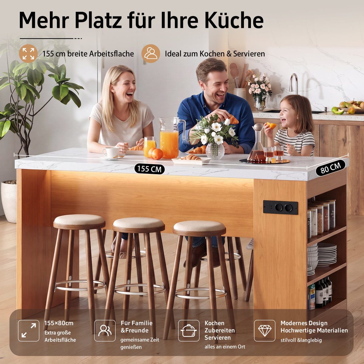 Odikalo Kücheninsel mit LED Beleuchtung Arbeitsplatte & Steckdose, (Kücheninsel 155x80x90cm mit 2xAC+2xUSB,3 offenen Ablagen,moderne Kücheninsel für Küche & Esszimmer)