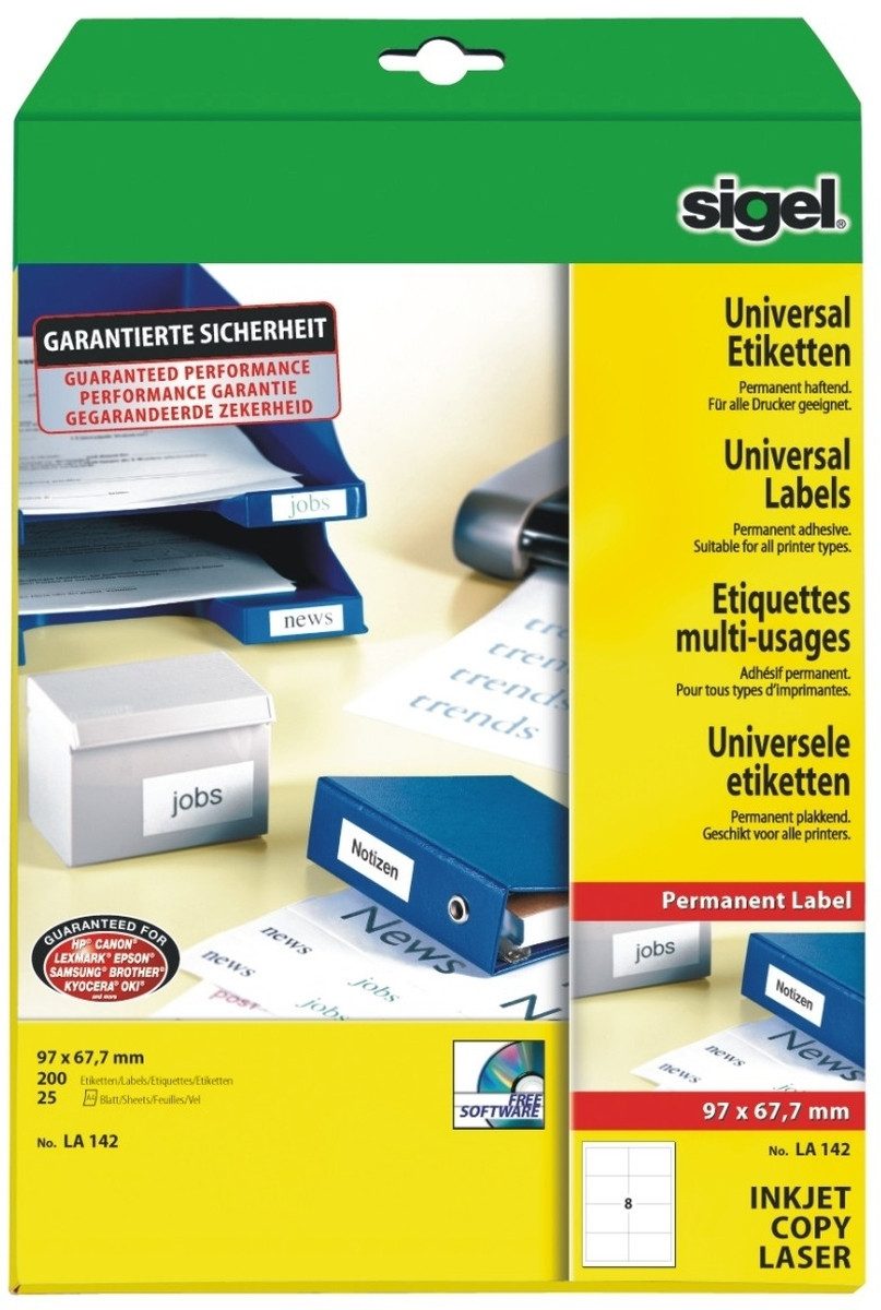 Sigel Etiketten Etiketten Inkjet/Laser Kopier 97x67,7mm VE=200 Stück (25 Blatt) weiß