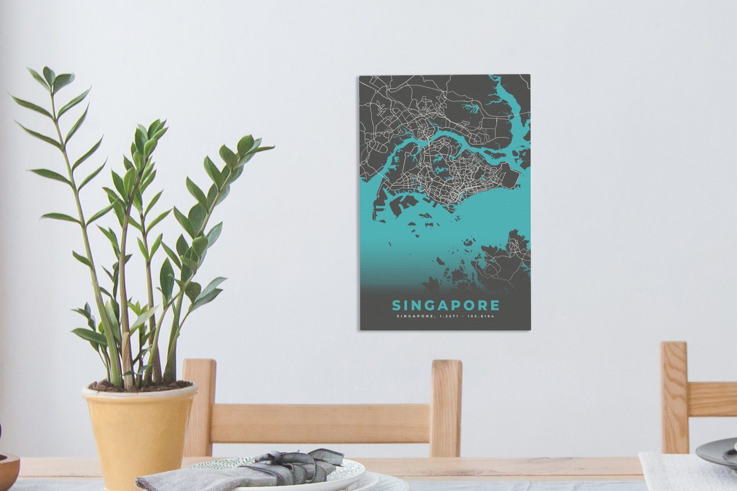 fertig Zackenaufhänger, 20x30 Blau (1 Leinwandbild cm Karte, Gemälde, - inkl. Stadtplan bespannt Singapur St), - OneMillionCanvasses® Leinwandbild -