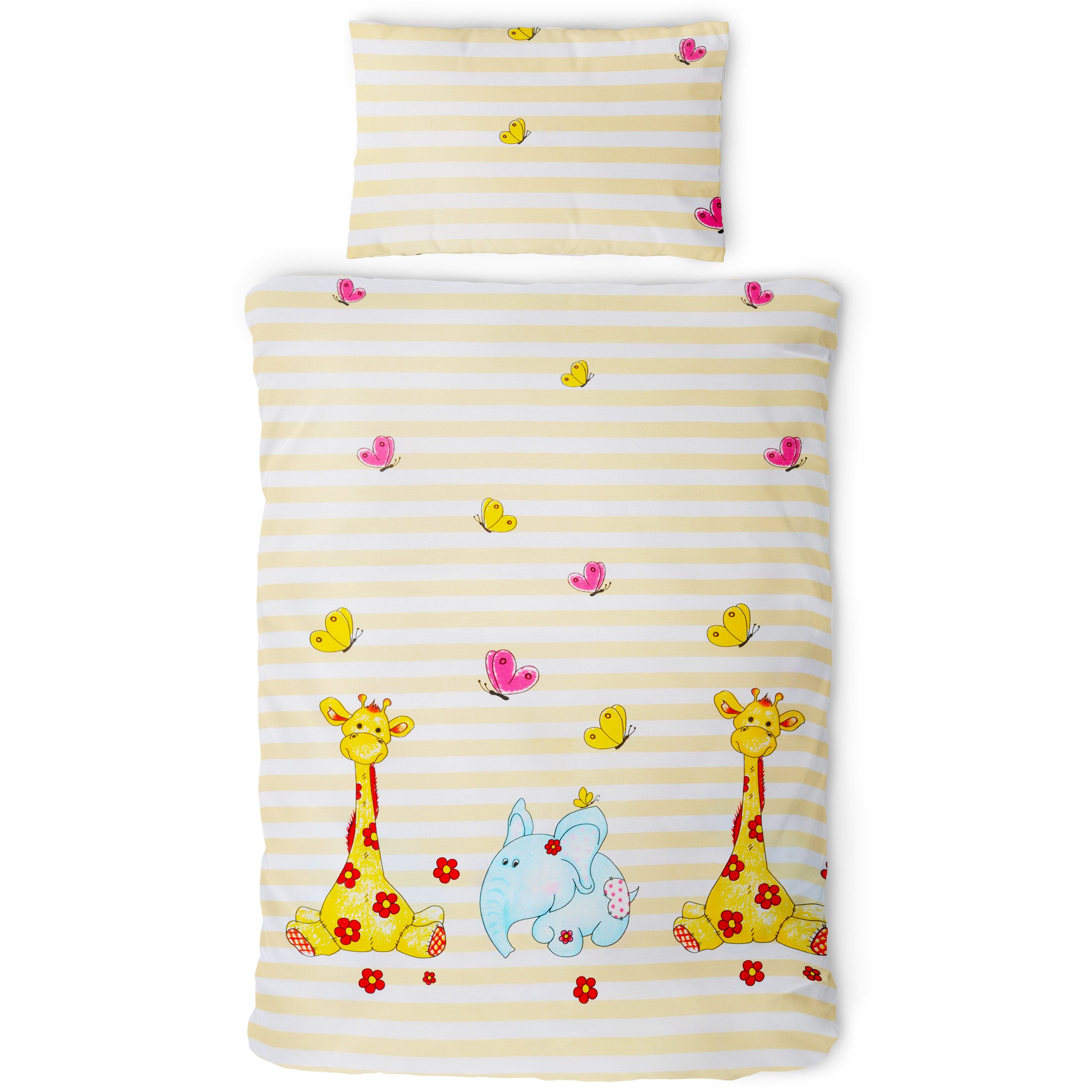Gräfenstayn Kinderbettwäsche Set mit Tiermotiv und integriertem Reißverschluss - aus 100% Baumwolle, 2 teilig, Deckenbezug 135x100cm und Kissenbezug 60x40cm (Giraffe/Elefant)