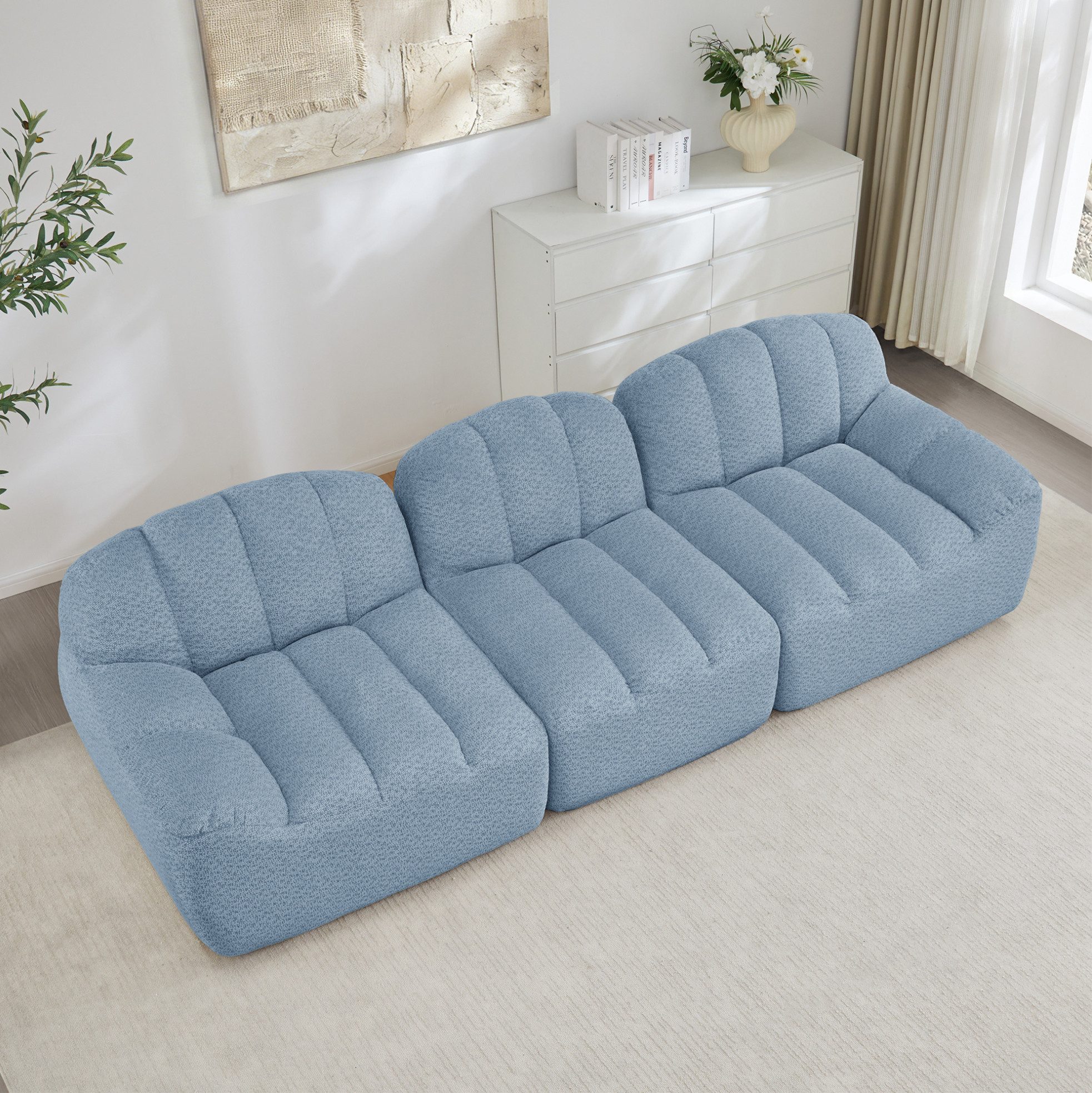 MODFU Loungesofa 2- bis 4-Sitzer modular, muschelförmiges boneless Design aus 32D Hochdichtschaum, tiefe Sitzkissen, flexibel kombinierbar für L-, U- und 2-Sitzer Aufstellung, ohne Montage sofort nutzbar 1 Teile
