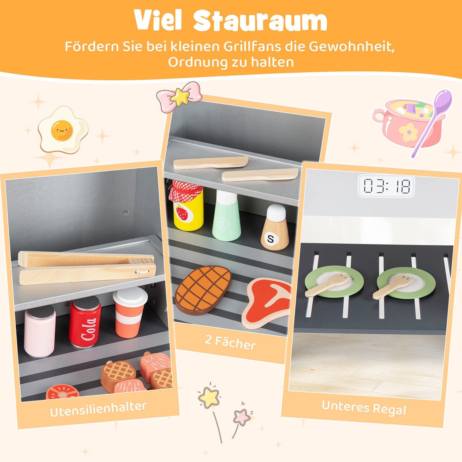 COSTWAY Kinder-Grill, Kindergrill mit Grillbesteck, 2 Grills & Klappdeckeln