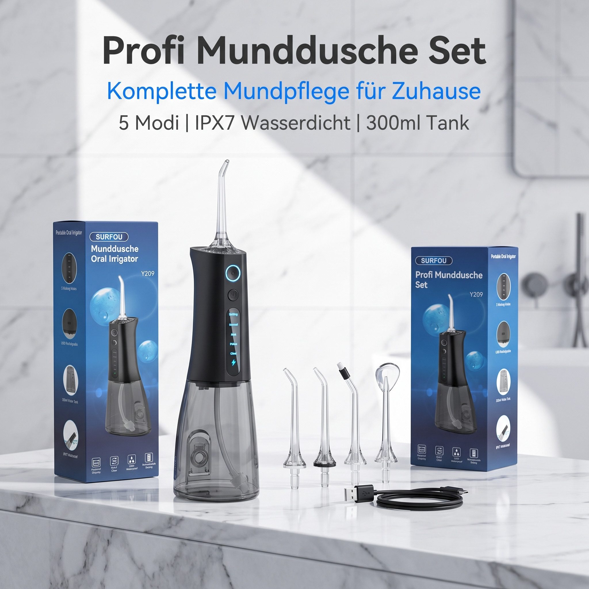 AIMAX Munddusche Kabellose Munddusche 300 ml mit 5 Modi und 4 Düsen
