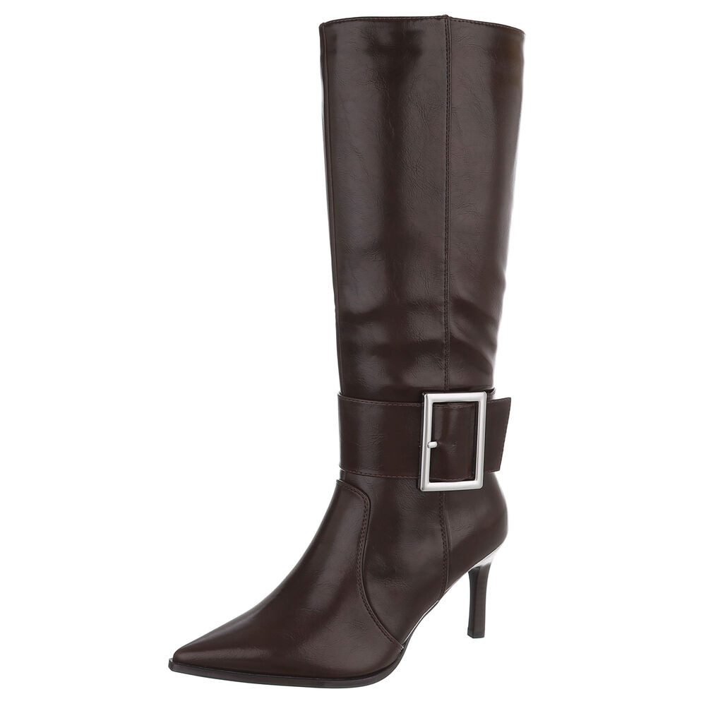 Ital-Design Damen kniehohe Stiefel mit Schnalle und High Heel High-Heel-Stiefel (92268823) Pfennig-/Stilettoabsatz Stiefel in Braun