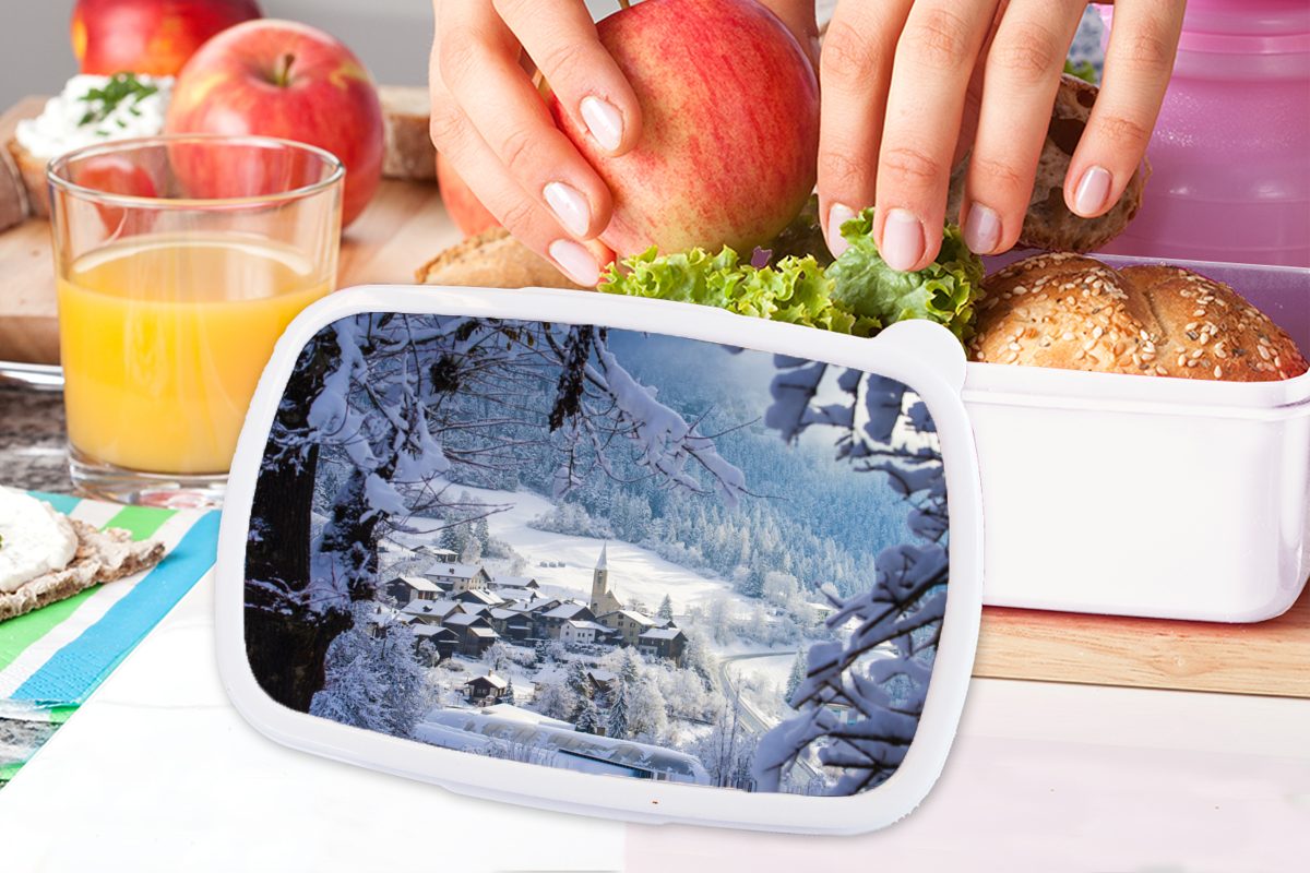 MuchoWow Lunchbox Alpen Erwachsene, und - (2-tlg), und Mädchen Schnee für weiß für Brotdose, Jungs Dorf, Kinder - Kunststoff, Brotbox