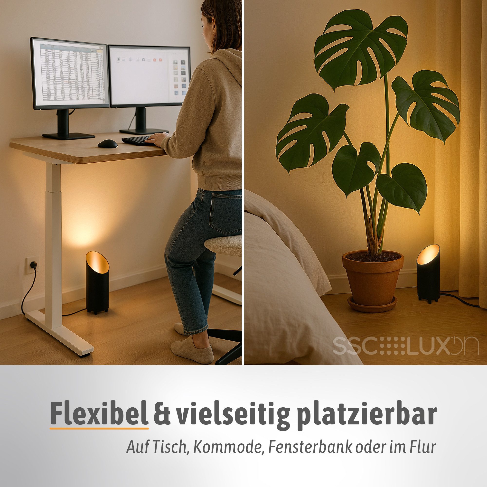 SSC-LUXon LED Spiegelleuchte Tischlampe AUREVA Bodenlampe LumiFLEX GU10 5W Birne 3in1 Lichtfarben, Neutralweiß, Warmweiß, Tageslichtweiß