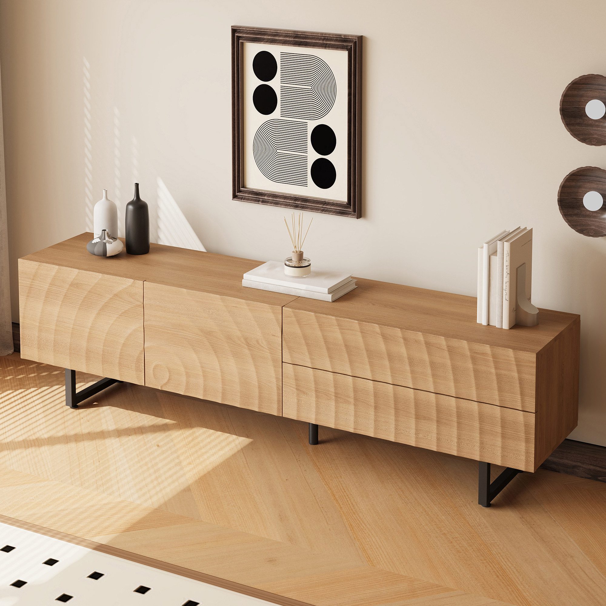 MODFU TV-Schrank Sideboard mit skulpturaler 3D-Textur & welliger Maserung (Packung, 1-St., 180x51,5x38 cm in Natural, 2 Türen, 2 Schubladen, Metallbeine) Heller Holzsockel unterstreicht das einzigartige Design