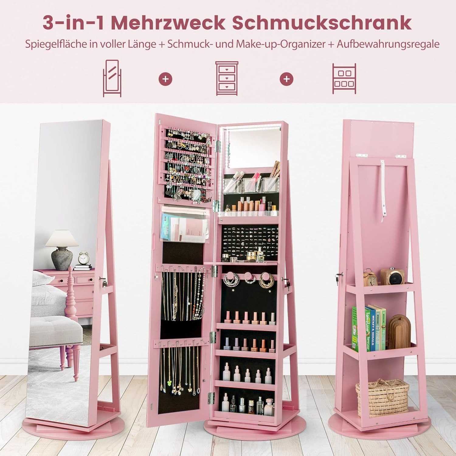 COSTWAY Schmuckschrank mit Ganzkörperspiegel & LED stehend, drehbar, abschließbar – Bild 3 von 5