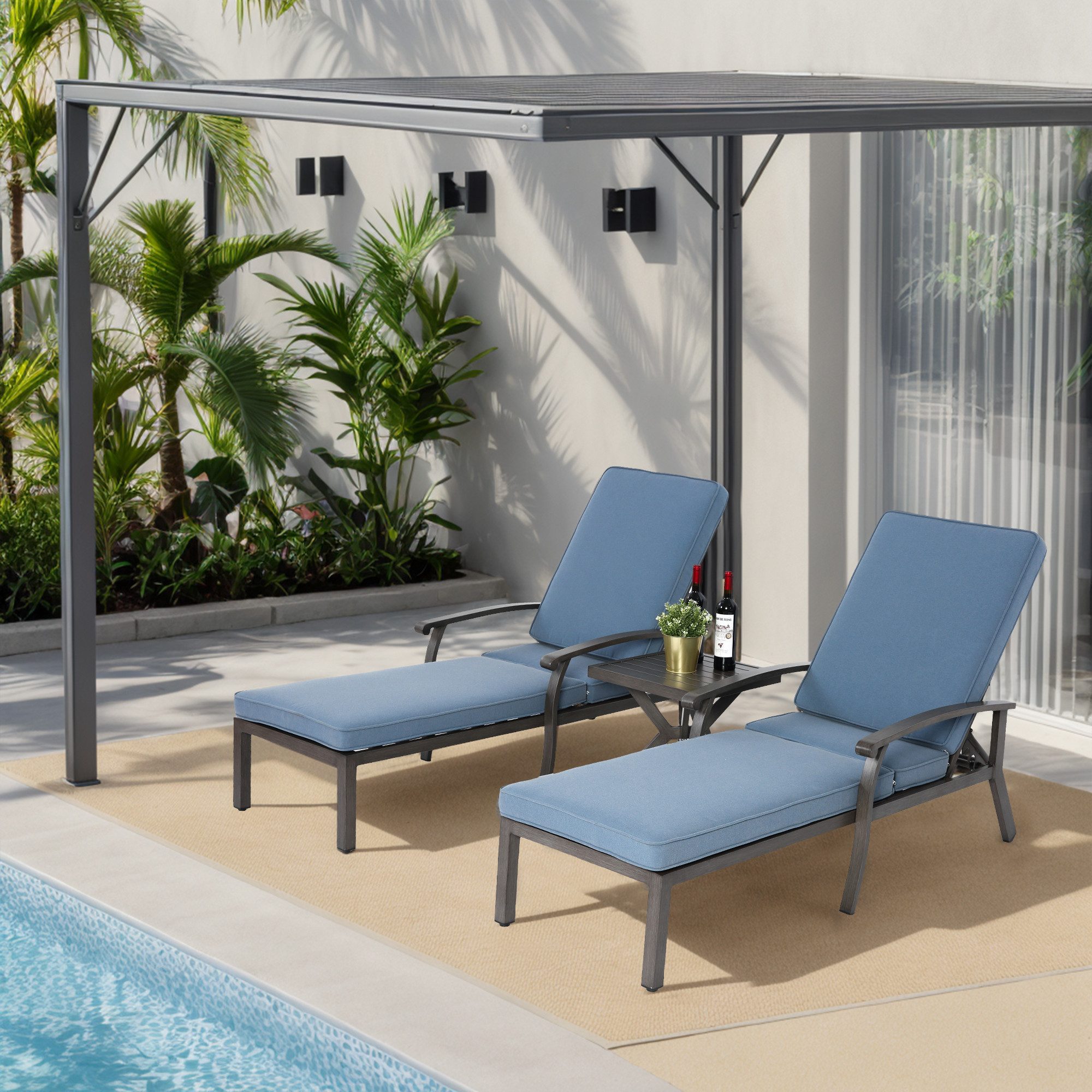CHICFURN Gartenliege Sonnenliege 204x58 cm, Lounge Patio Stuhl mit Baumwolle Kissen, Packung, 1 St., 5-fach verstellbar, liegendes rostfestes Aluminium, Chaise Lounge Möbel, wasserdicht blaues Kissen (ohne Sitzkissen)