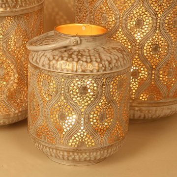 Casa Moro Kerzenlaterne Suraya 3er Set in Shabby Chic Weiß Gold aus Metall (Marokkanisches Windlicht stehend & hängend, 3er Set), Tischlaterne für Feier Dekoration Geschenk IRL5010