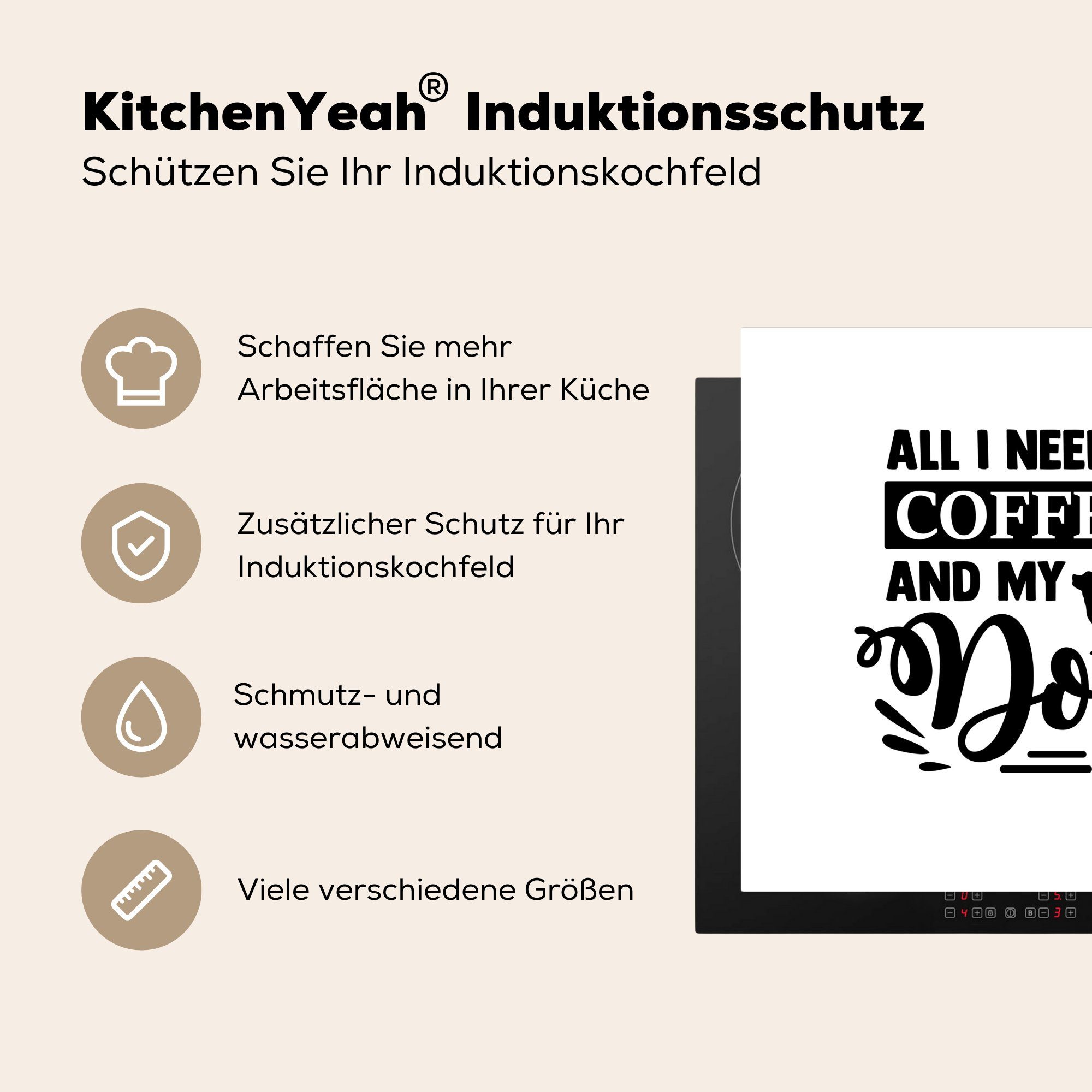 MuchoWow Herdblende-/Abdeckplatte Kaffee - küche Hund cm, Arbeitsplatte Weiß Vinyl, Schwarz - (1 - tlg), für 78x78 - Zitat, Ceranfeldabdeckung