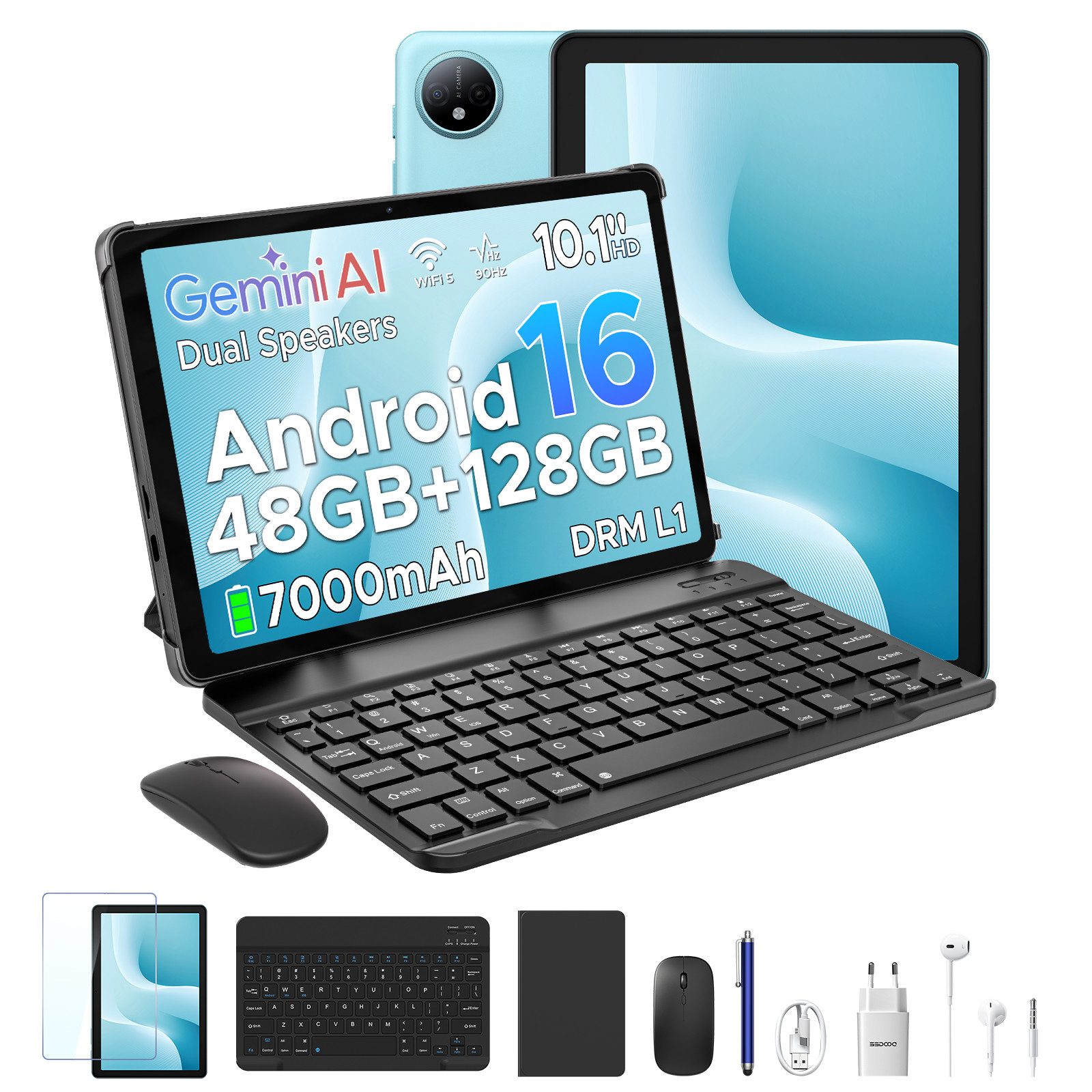 Aorlym AP10 Tablet 10,1 Zoll Android 16, 48GB RAM, 7000mAh Akku Tablet (10.1", 128 GB, Android 16, WiFi, Gemini AI, Unisoc T310, 90Hz Display, Tastatur-Set, Dual Speaker)