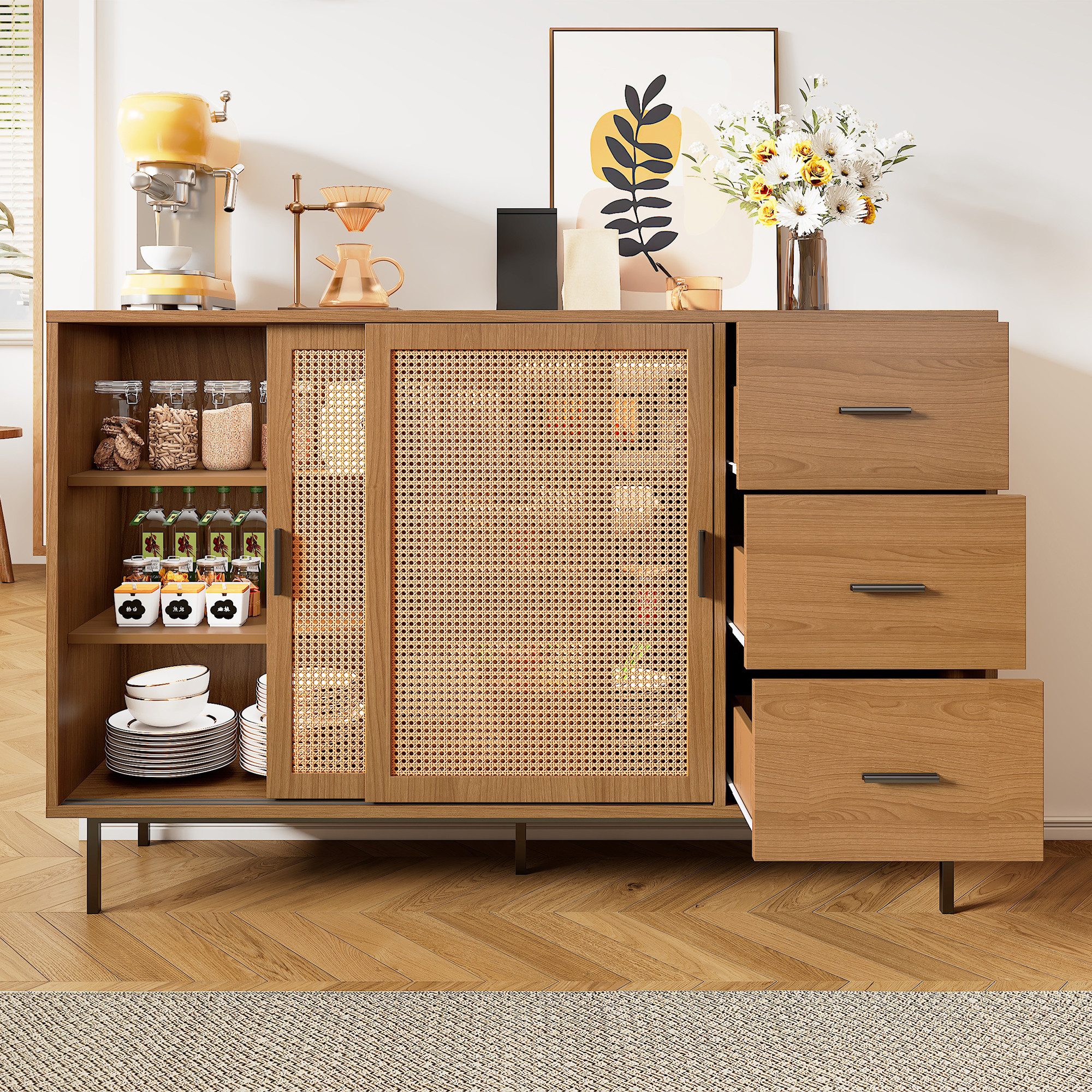 Flieks Kommode mit 2 Rattan-Schiebetüren und 3 Schubladen (Maße: B140/H91/T37 cm, 1 St., Schrank für Wohnzimmer, Schlafzimmer, Arbeitszimmer und Esszimmer), Sideboard Holzschrank Mehrzweckschrank mit verstellbaren Einlegeböden