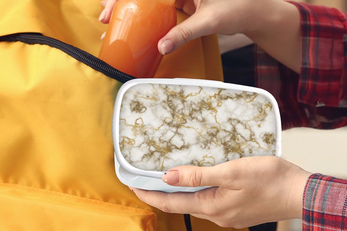(2-tlg), Brotbox Gelb MuchoWow Kunststoff, weiß Jungs - Lunchbox Brotdose, Gold, Kinder für und - Erwachsene, für Marmor Mädchen und