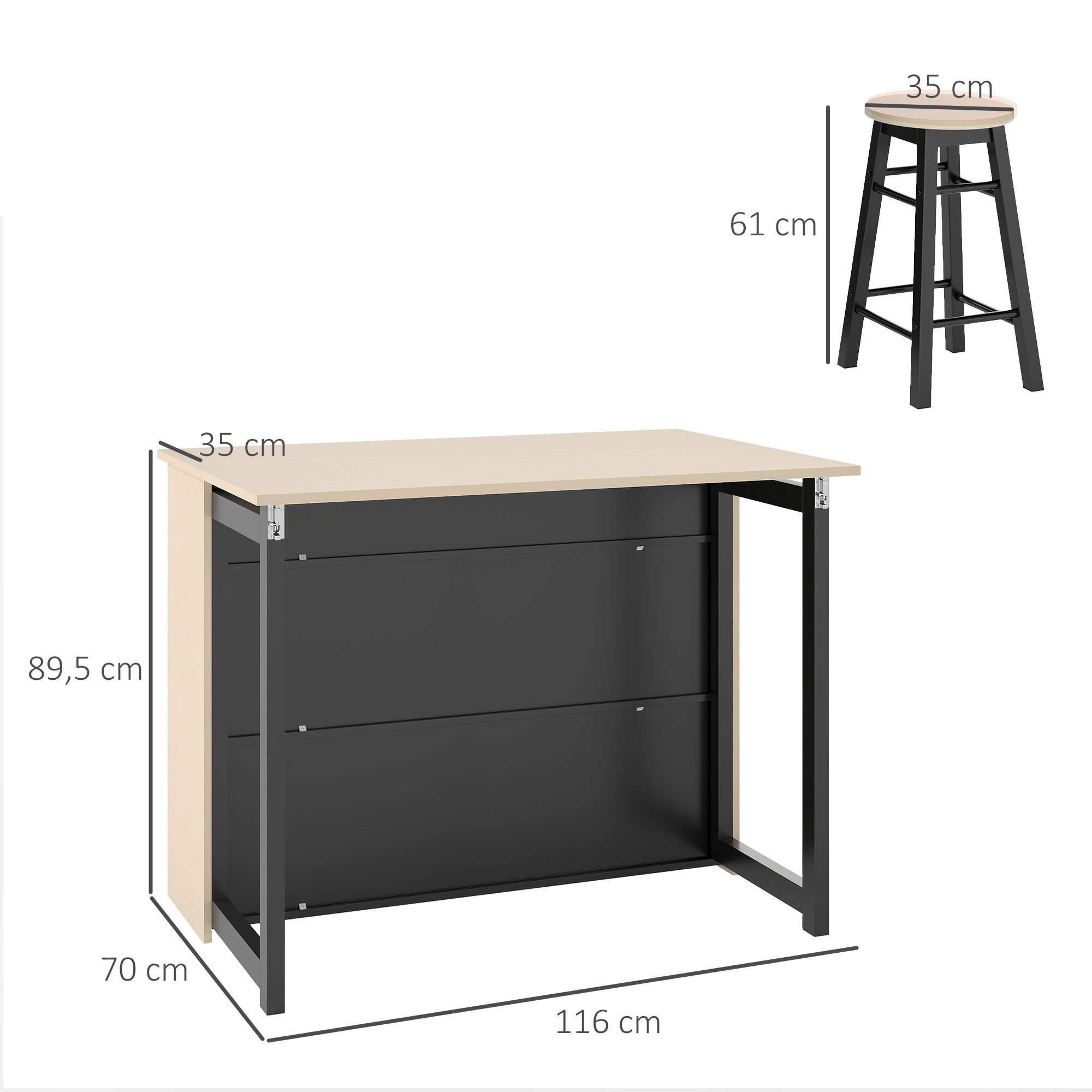 HOMCOM Bargruppe Bartisch mit Barhocker Set, Esstisch mit Klappbarer Tischplatte, (Küchentisch mit Schrank, Essgruppe für Esszimmer, Wohnzimmer)