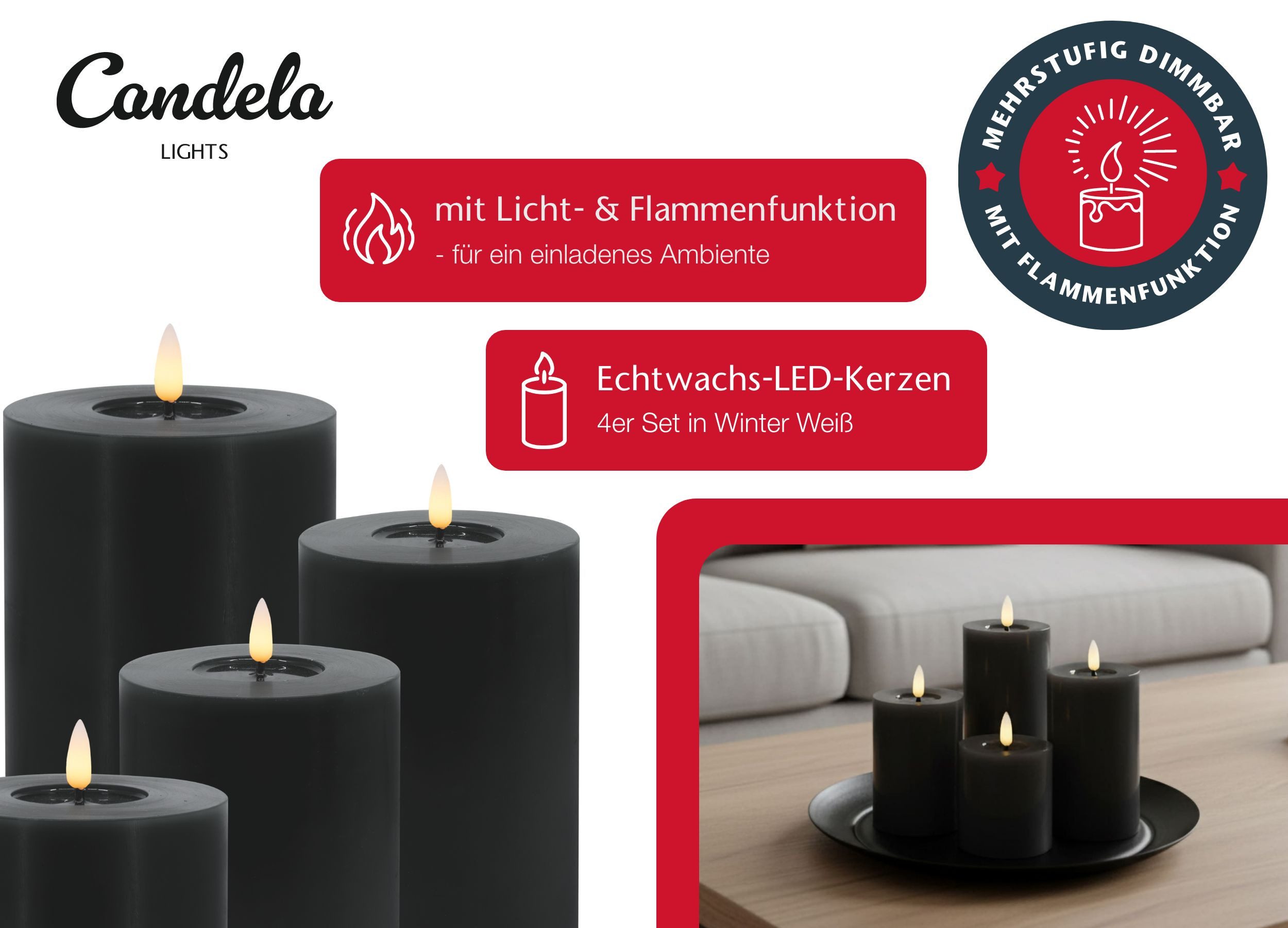 LC Home LED-Kerze Candela Lights LED Kerzen 4er Set Stumpenkerze inkl. Kerzenteller – Bild 5 von 5