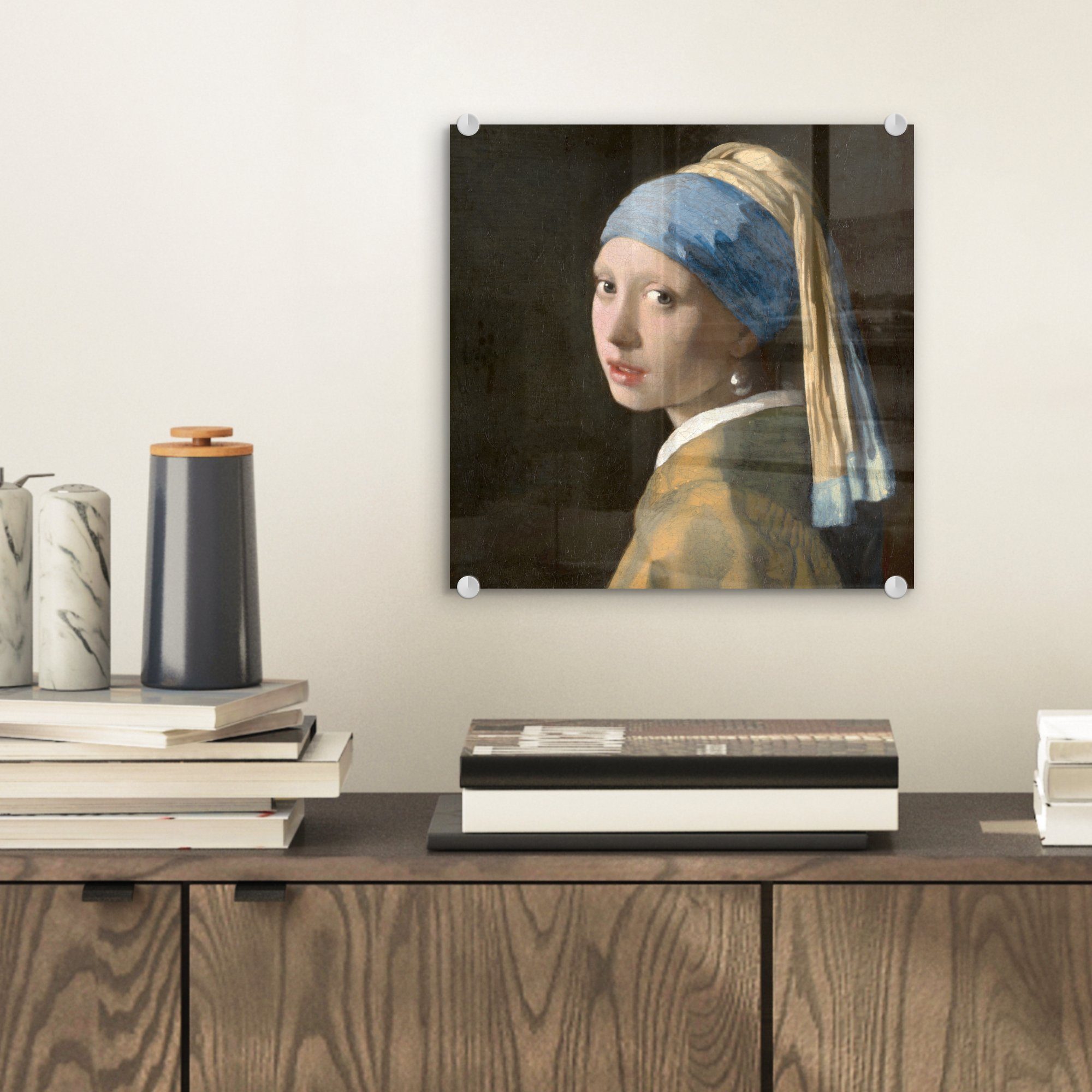 auf - (1 - Foto mit Glas Acrylglasbild Bilder Glasbilder Johannes von Wanddekoration Wandbild auf dem Das - Glas Mädchen bunt Vermeer, MuchoWow Perlenohrring St), Gemälde -