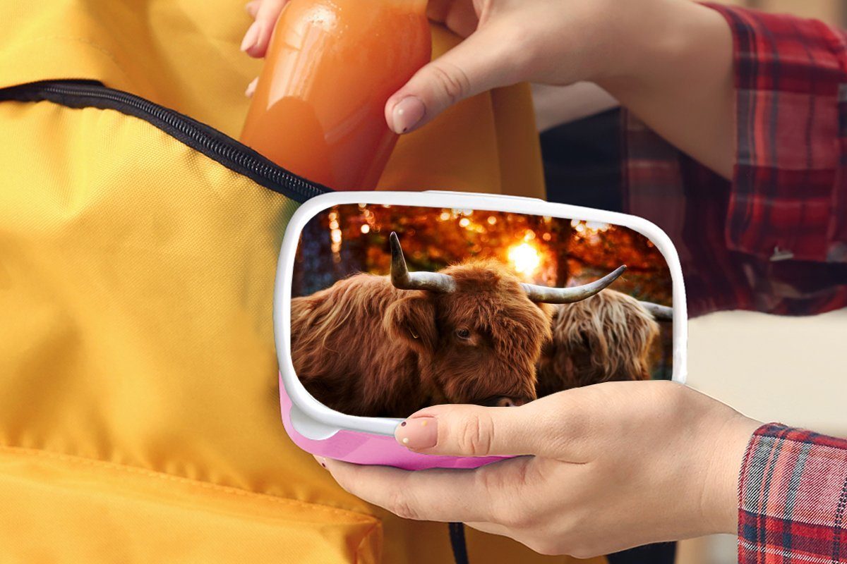 MuchoWow Lunchbox Schottische Kunststoff Brotbox Porträt rosa Kunststoff, - (2-tlg), für Highlander Brotdose Kinder, Mädchen, - Erwachsene, Herbst, Snackbox