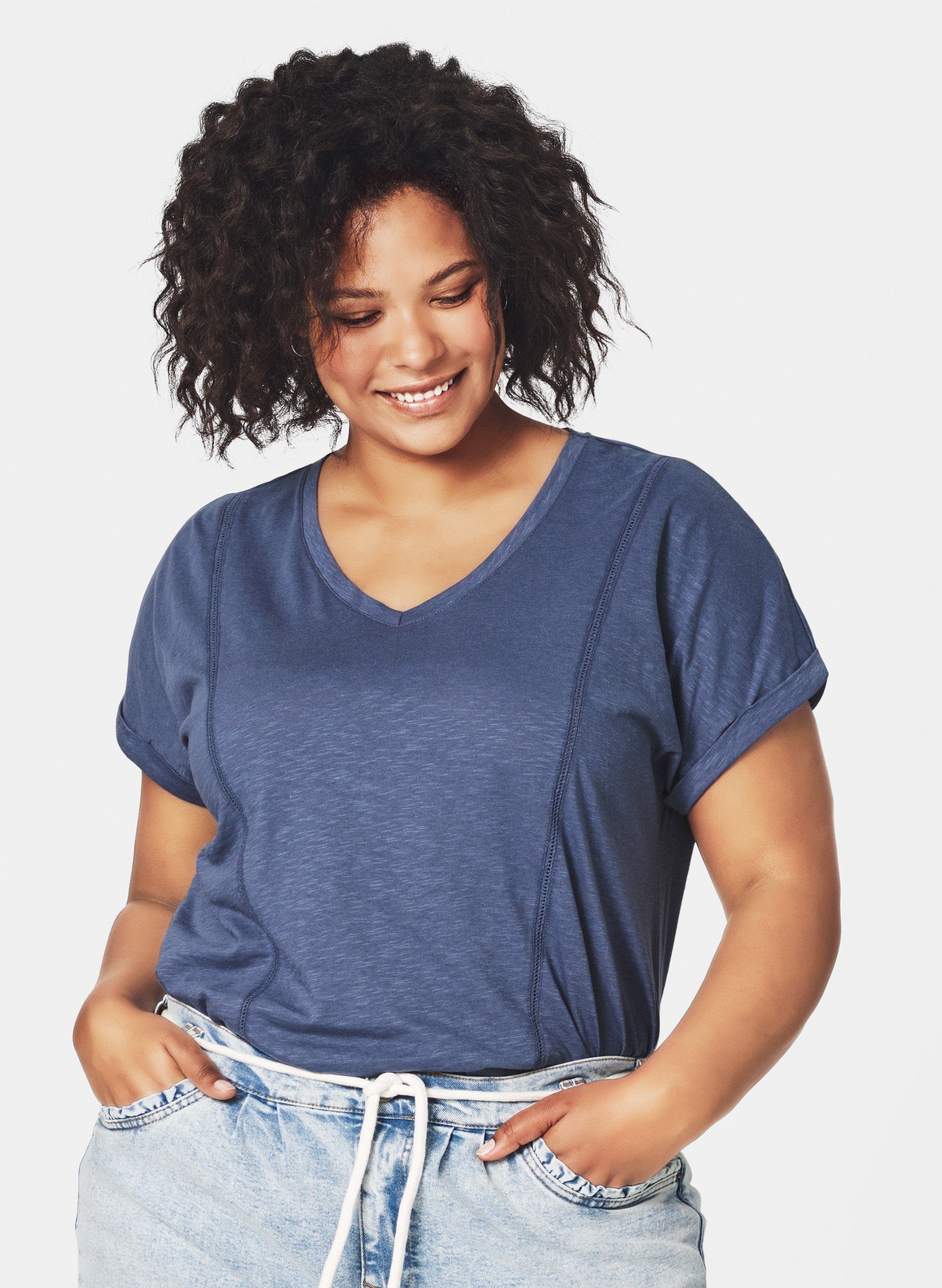 Zizzi T-Shirt Damen Große Größen T-Shirt Basic Kurzarm V-Ausschnitt  Baumwolle online kaufen | OTTO