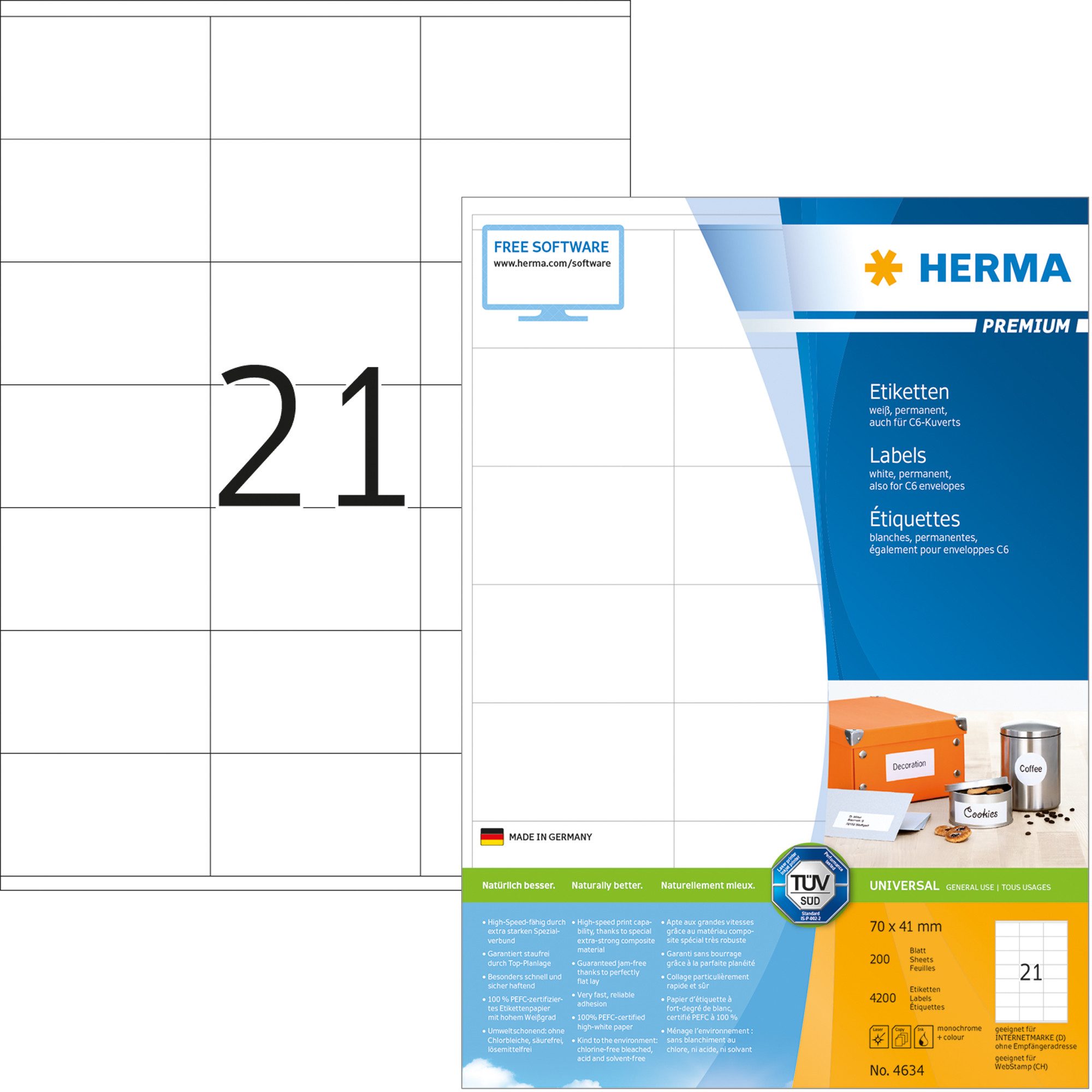 HERMA Etikett HERMA Premium Etikett 70x41mm weiß FSC Nr. 4634, PA= 4.200 Stk.