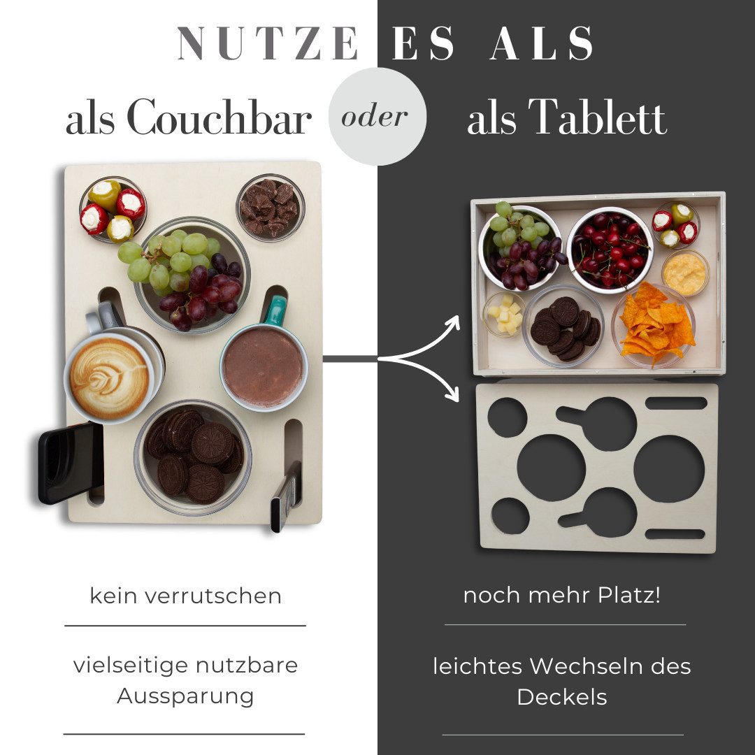 PEGSEN Servierplatte All in One Couchbar Sofatablett mit 4 Snackschalen, Birkenholz, (Set, 5-tlg., abnehmbarer Deckel, mit 4 lebensmittelechten Glasschalen), passend für Kaffeetassen, Weingläser, 0,5L Bierflaschen