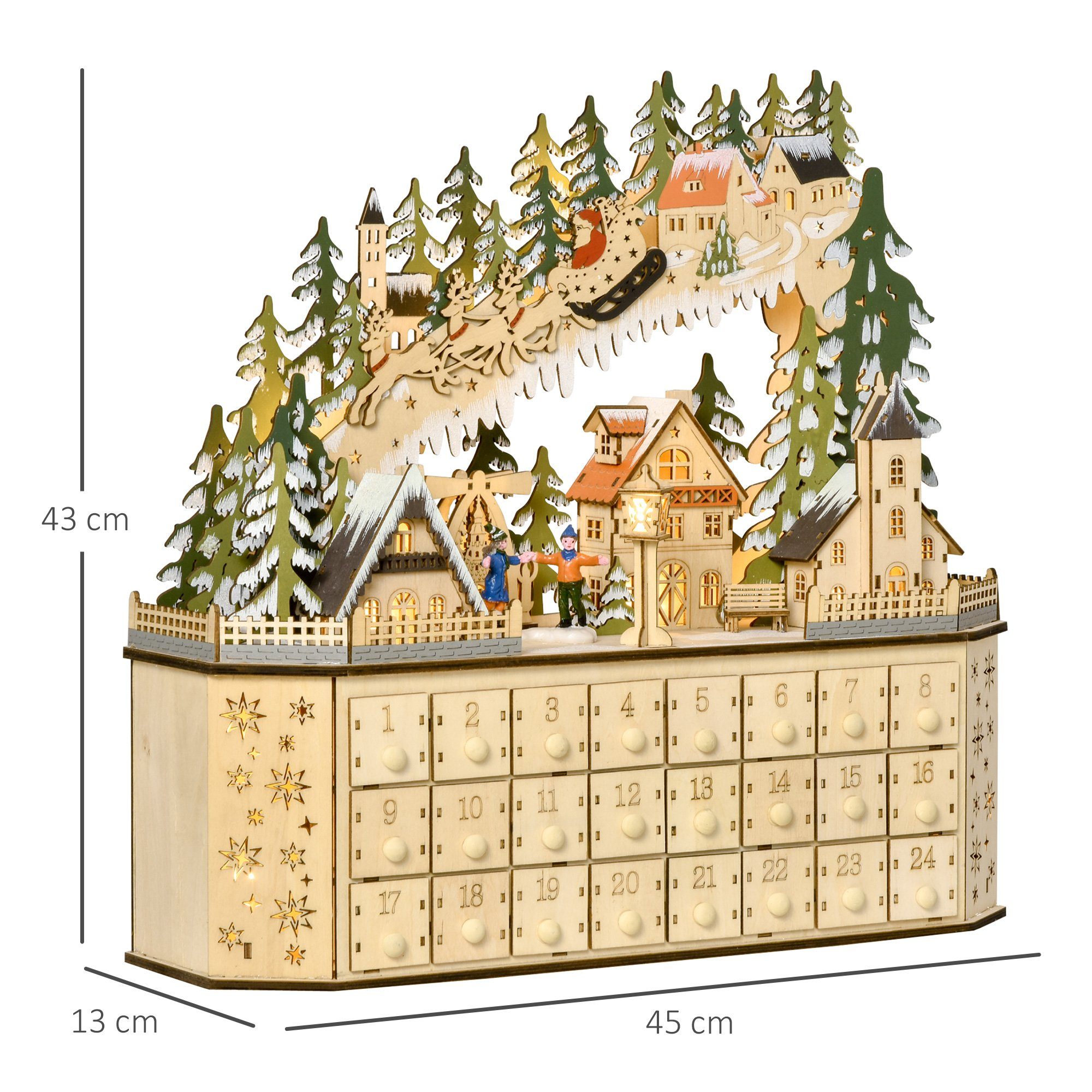 HOMCOM Weihnachtsdorf Adventskalender DIY Weihnachtskalender mit LED-Lichtern, DIY MDF-Platte Naturholz 45 x 13 x 43 cm