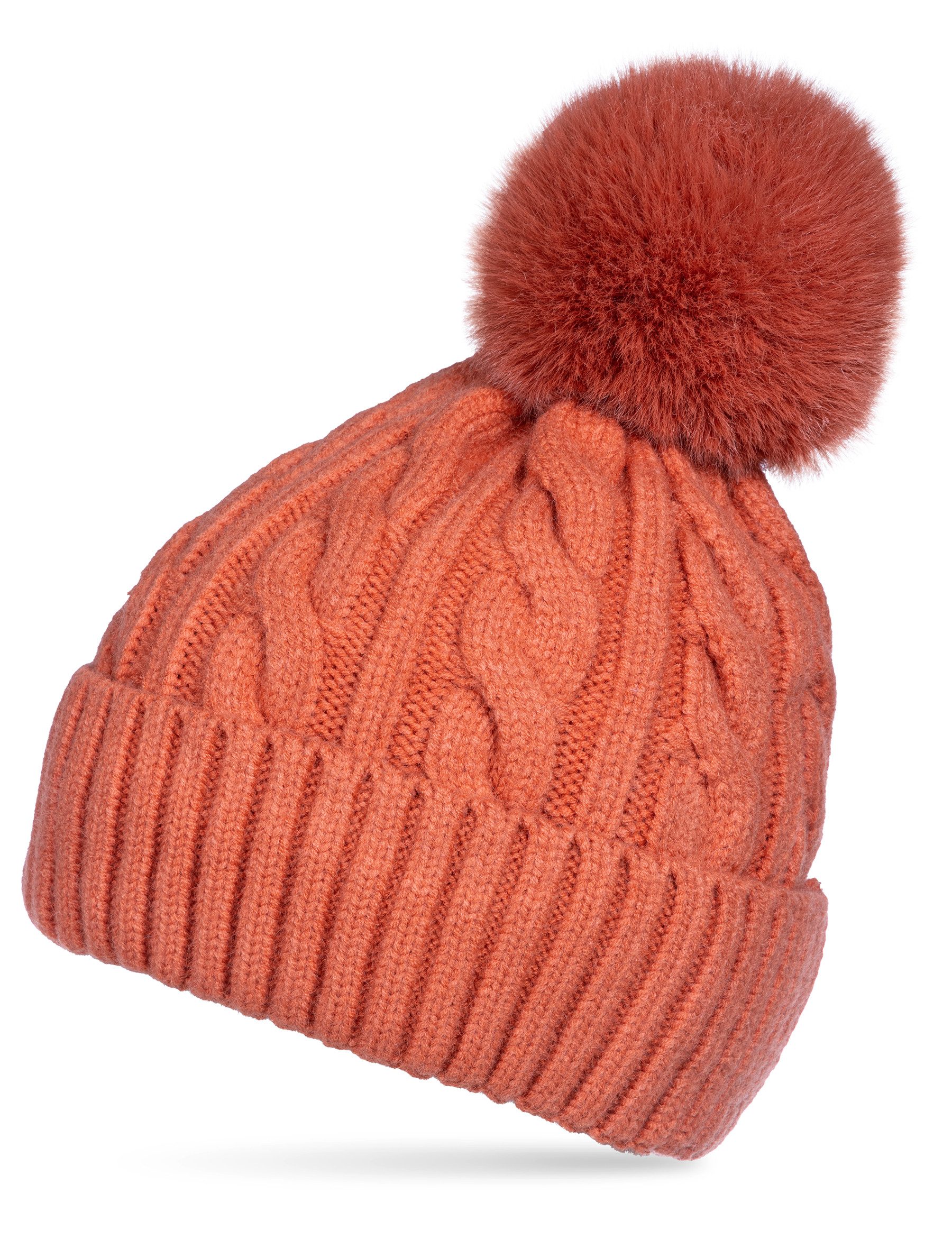 Caspar Bommelmütze MU218 Warme Damen Bommelmütze Zopfmuster extra warm mit Teddy Fleece Futter