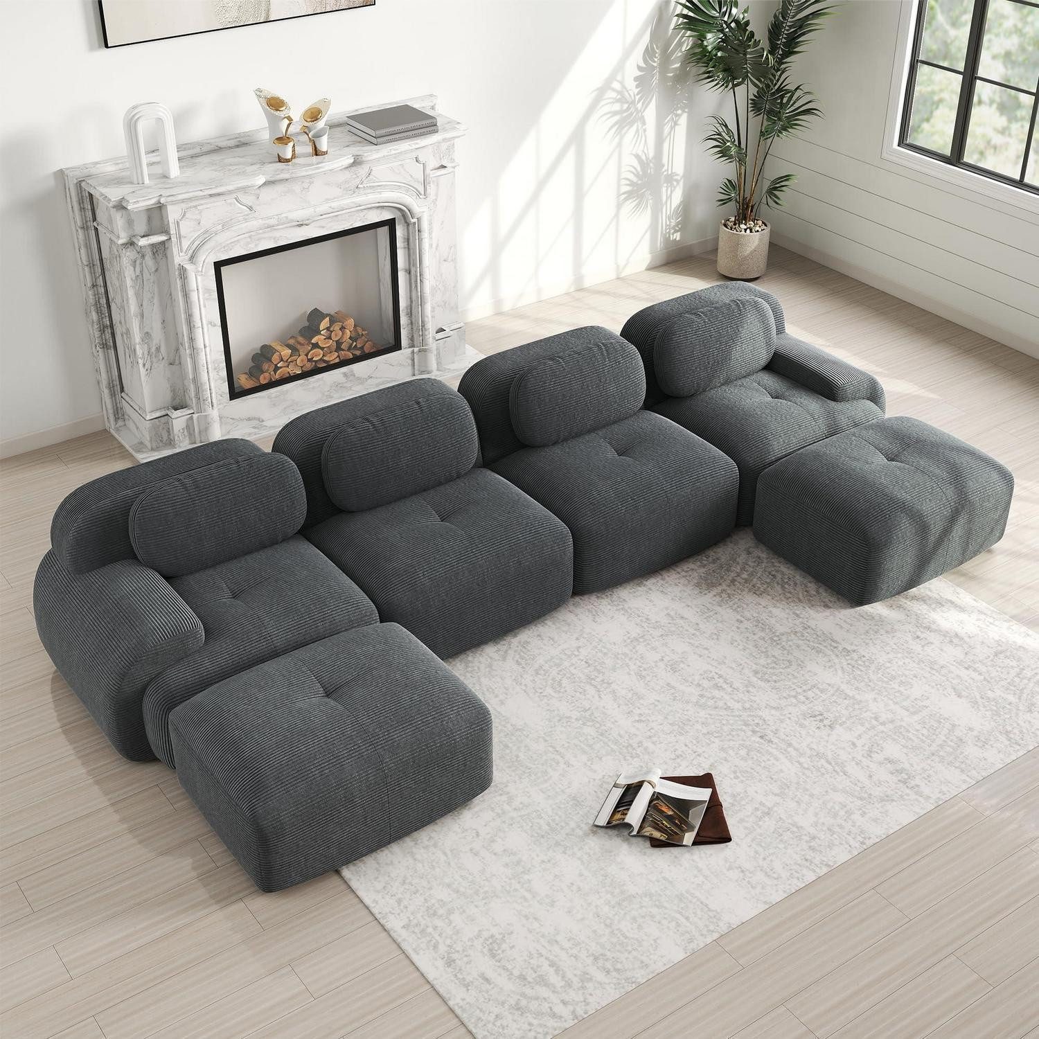 LuxusKollektion 4-Sitzer Sofa modular Cord 4 Sitzer 2 Ottomane Grau 4 Sitze & 2 Ottomane