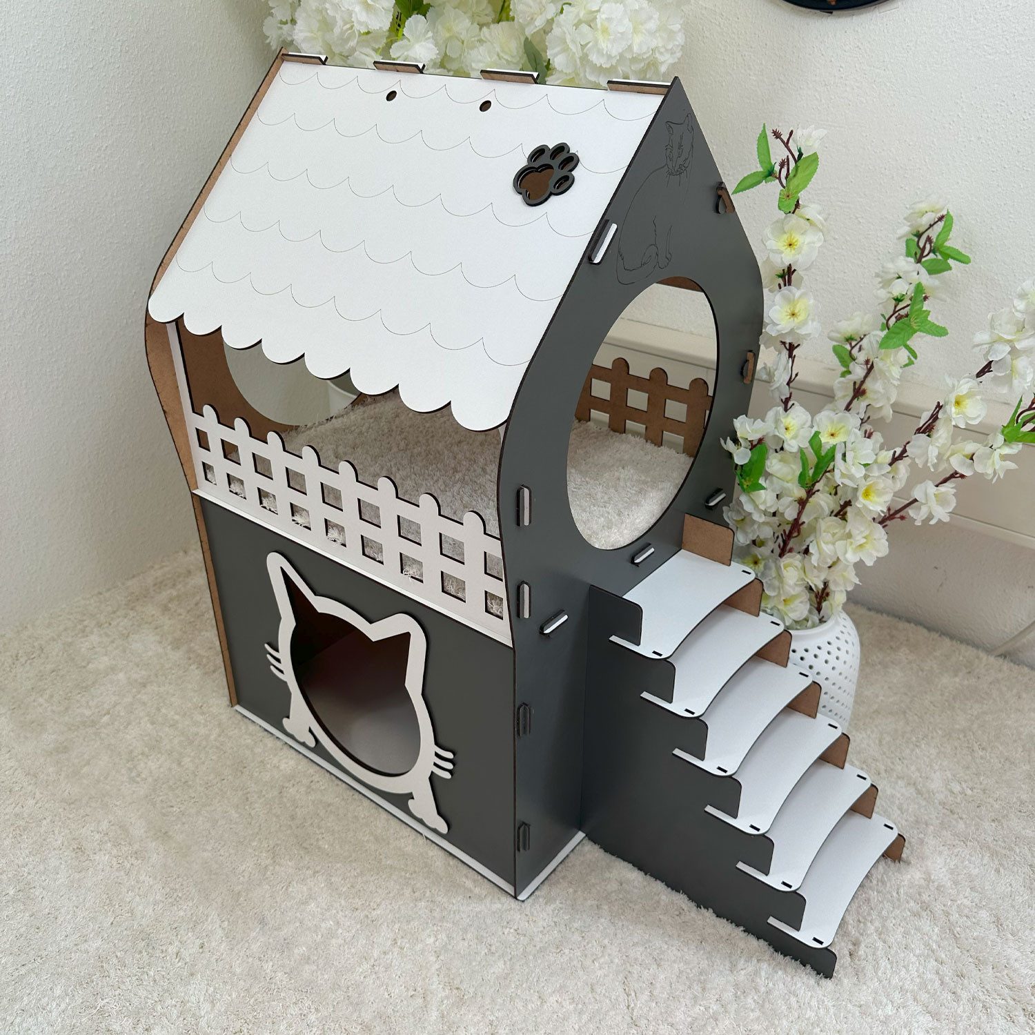 Jungengel Tierhaus Zweistöckiges Katzenhaus aus MDF – Anthrazit & Weiß – in günstig online kaufen