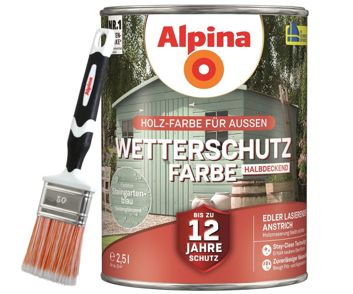 Holzschutzlasur - Set - Wetterschutz-Farbe halbdeckend 2,5L+Pinsel 50mm