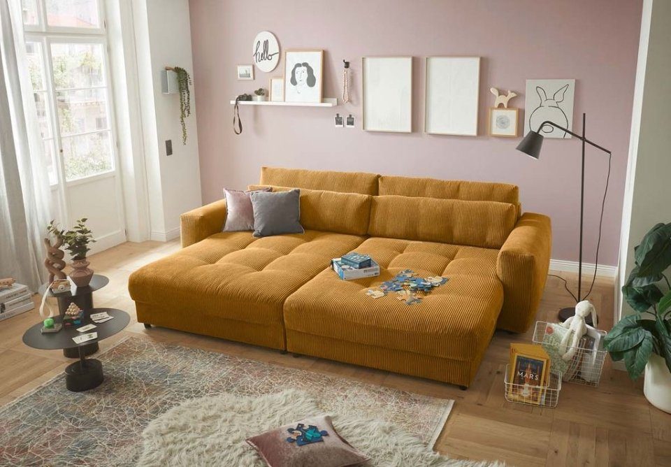 ED EXCITING DESIGN im stellbar Cord Big-Sofa Mustard Rückenkissen, Nierenkissen, Barura, Raum frei Bezug