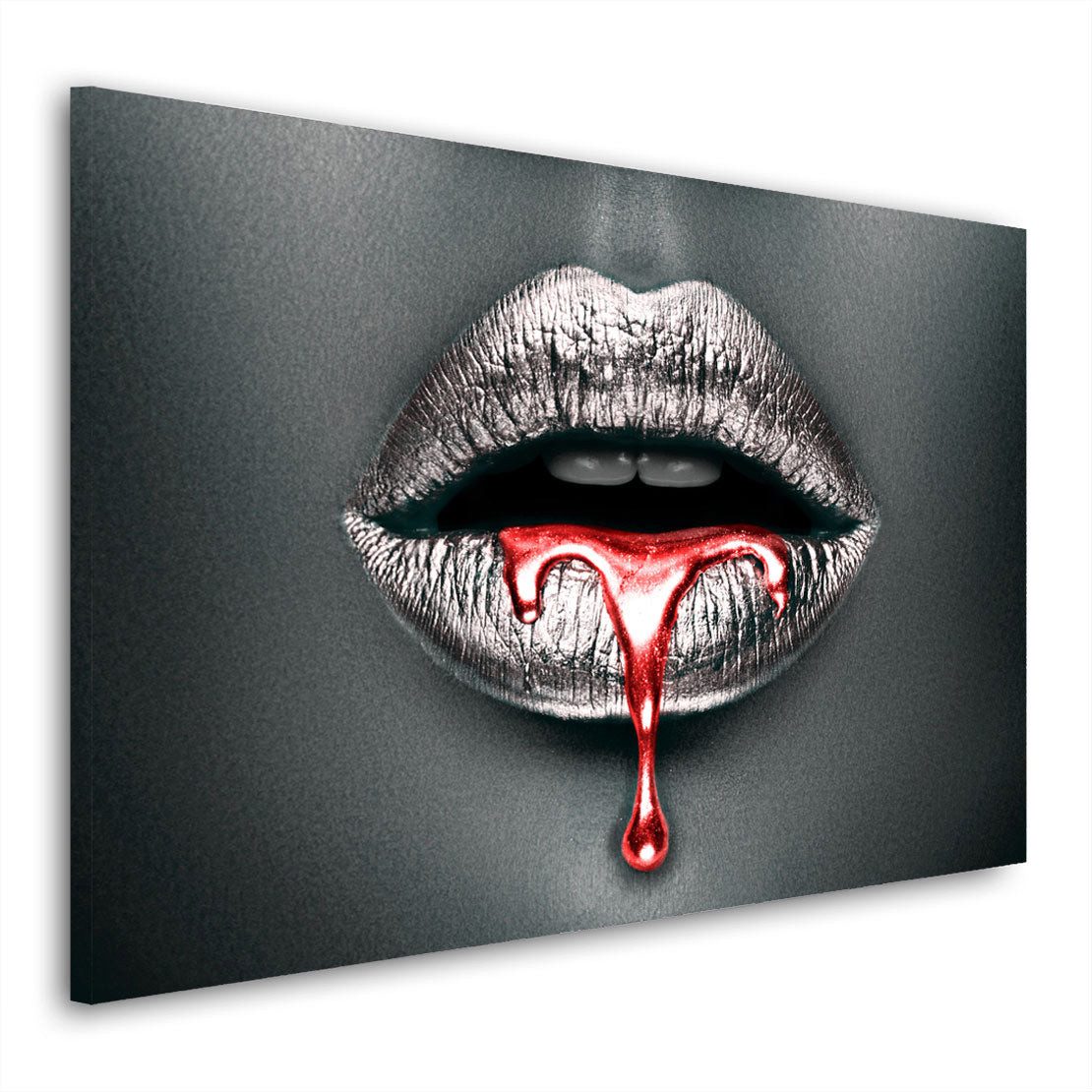 Artedinoi Leinwandbild Silberne Lippen roter Tropfen Leinwandbild Wandbild Deko XL, Gesicht mit silbernen Lippen