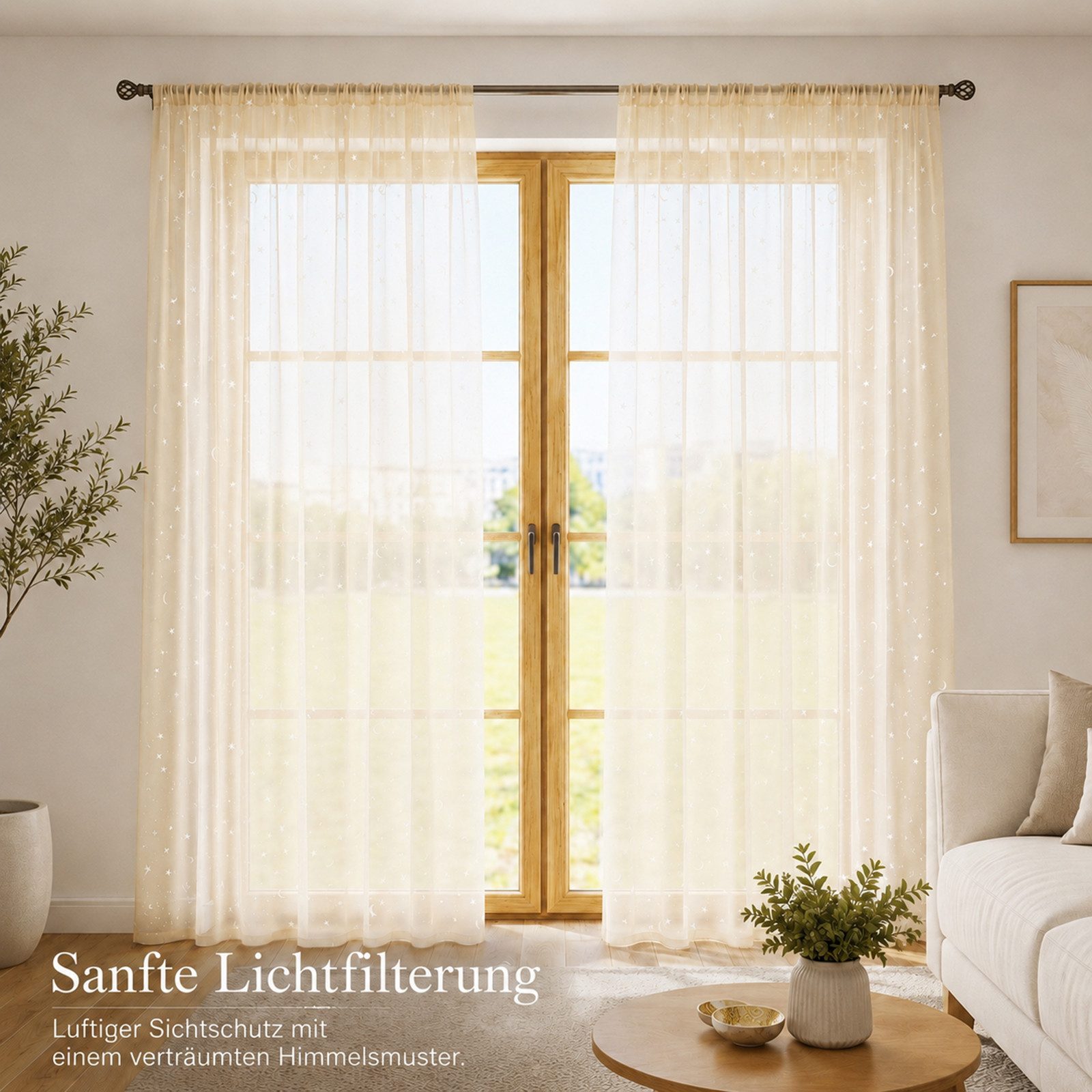 Rosnek Gardine Kinderzimmer Gardinen mit leuchtenden Sternen & Mond, Voile 2er-Set (2 St), Stangendurchzug, transparent, Polyester, 90 g/m² Voile mit Stangendurchzug für Schlaf-, Spiel- & Babyzimmer