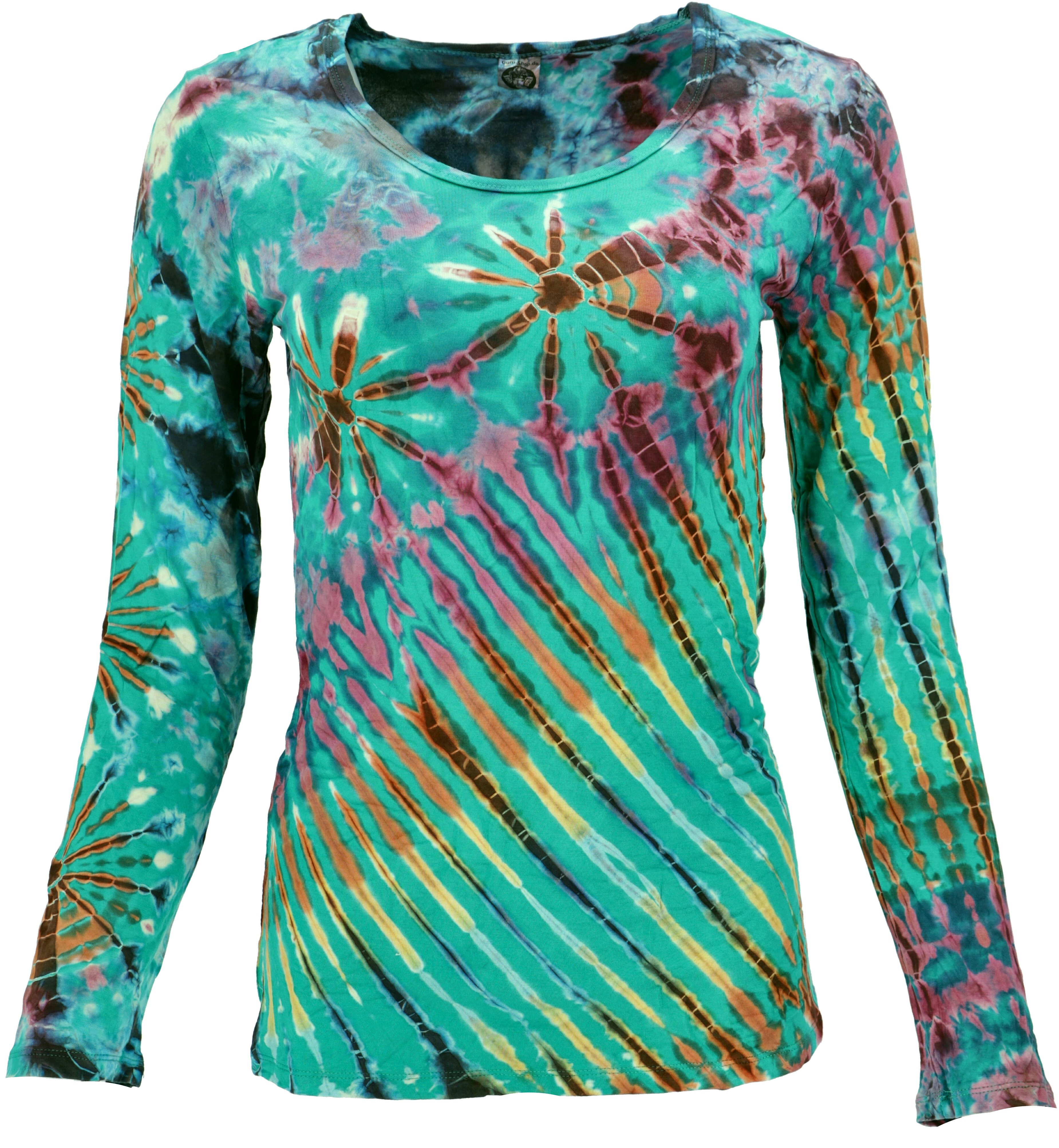 Guru-Shop Longsleeve Unikat Batik Shirt, Boho Langarmshirt - grün alternative Bekleidung